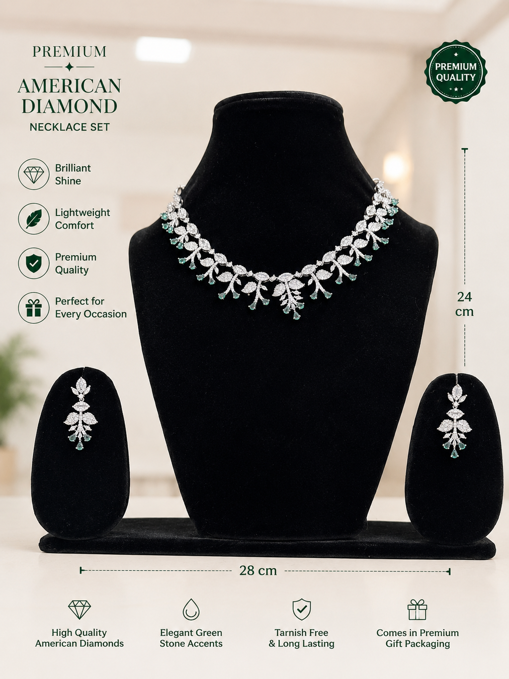 Emerald Bloom American Diamond Necklace Set