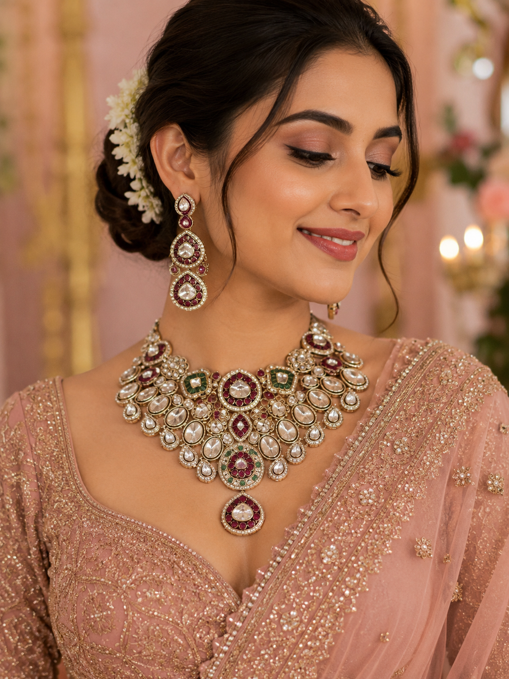 Royal Kundan Polki Bridal Choker Necklace Set with Matching Earrings