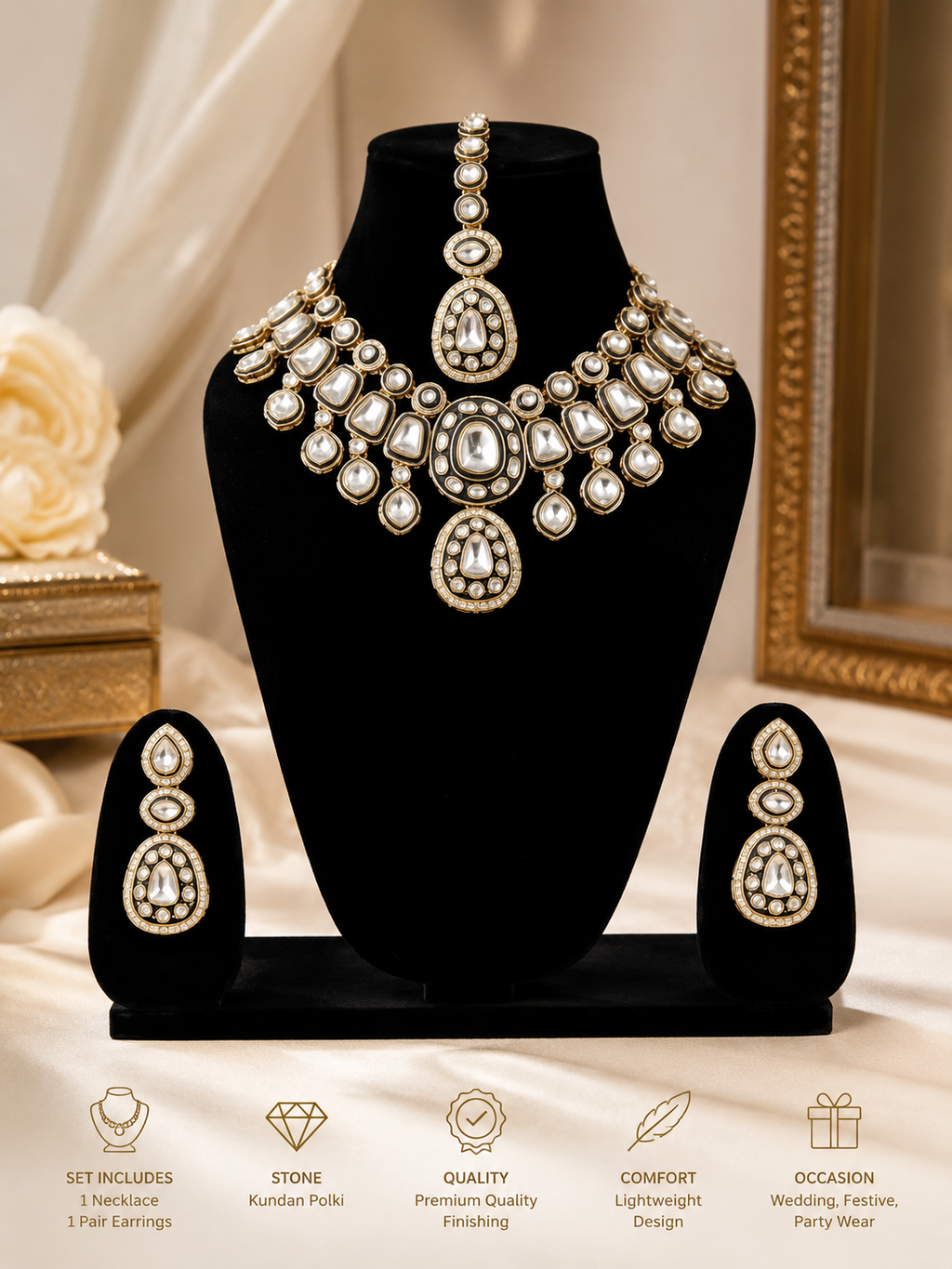 Royal Kundan Polki Bridal Choker Necklace Set with Maang Tikka & Earrings