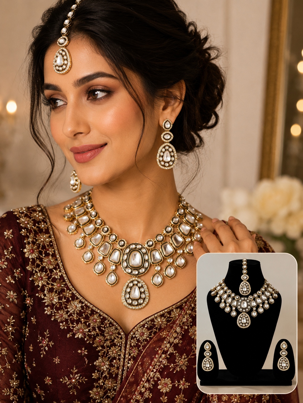 Royal Kundan Polki Bridal Choker Necklace Set with Maang Tikka & Earrings
