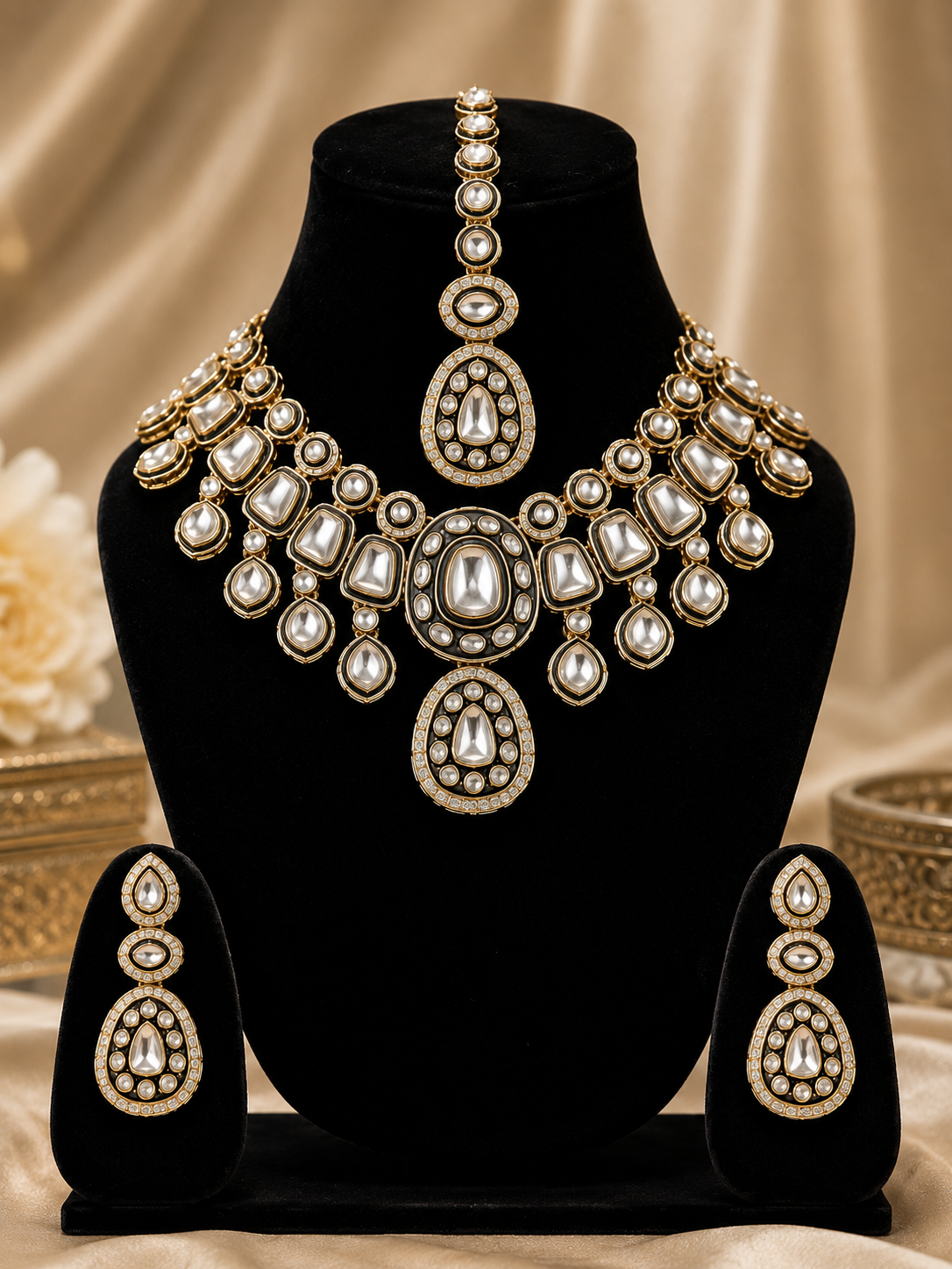 Royal Kundan Polki Bridal Choker Necklace Set with Maang Tikka & Earrings