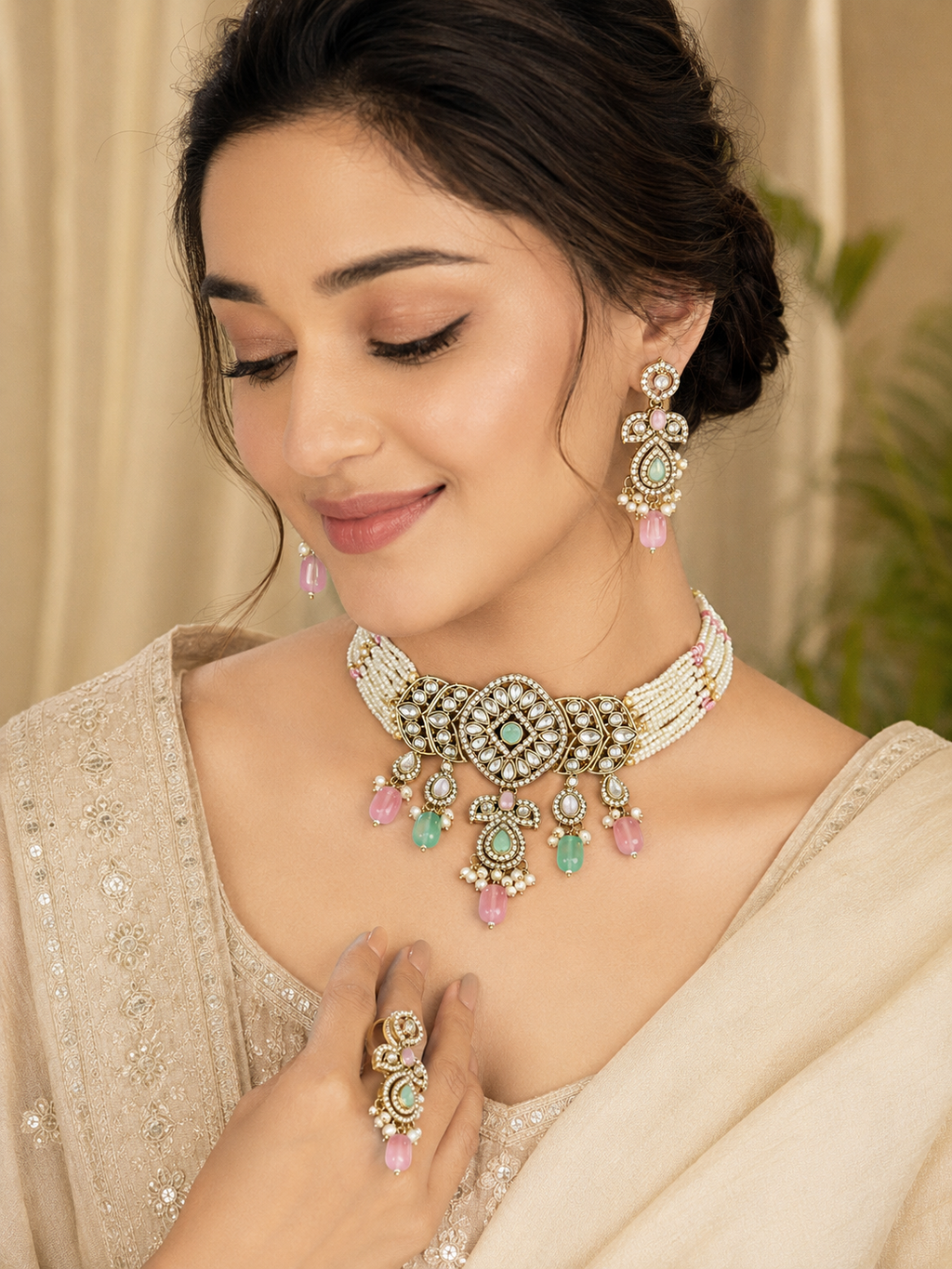 Royal Pastel Polki Pearl Choker Set