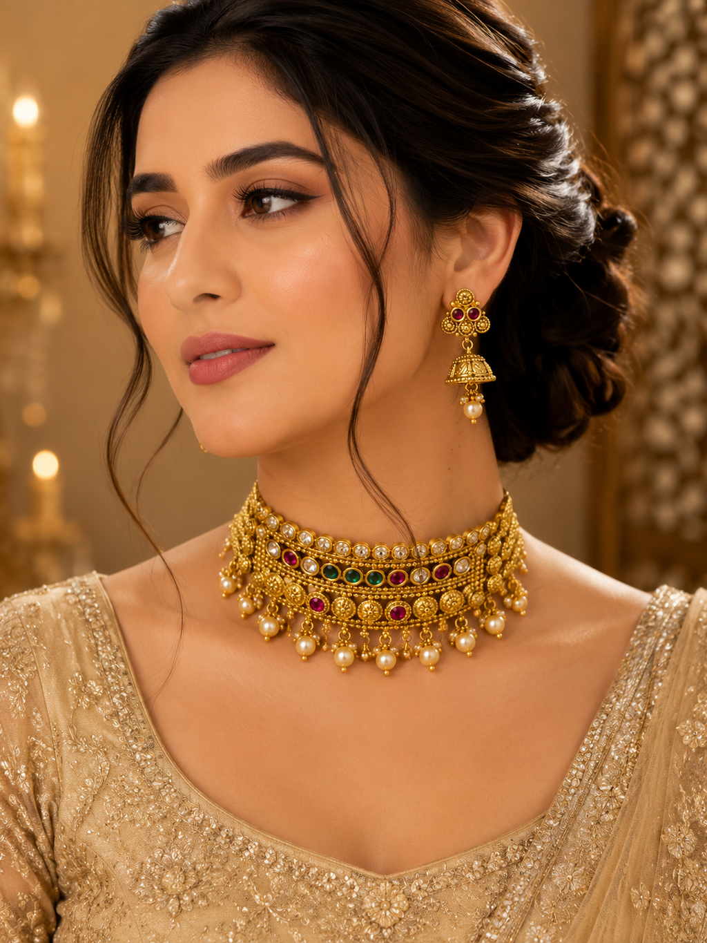 Rajwadi Kundan Pearl Choker Set