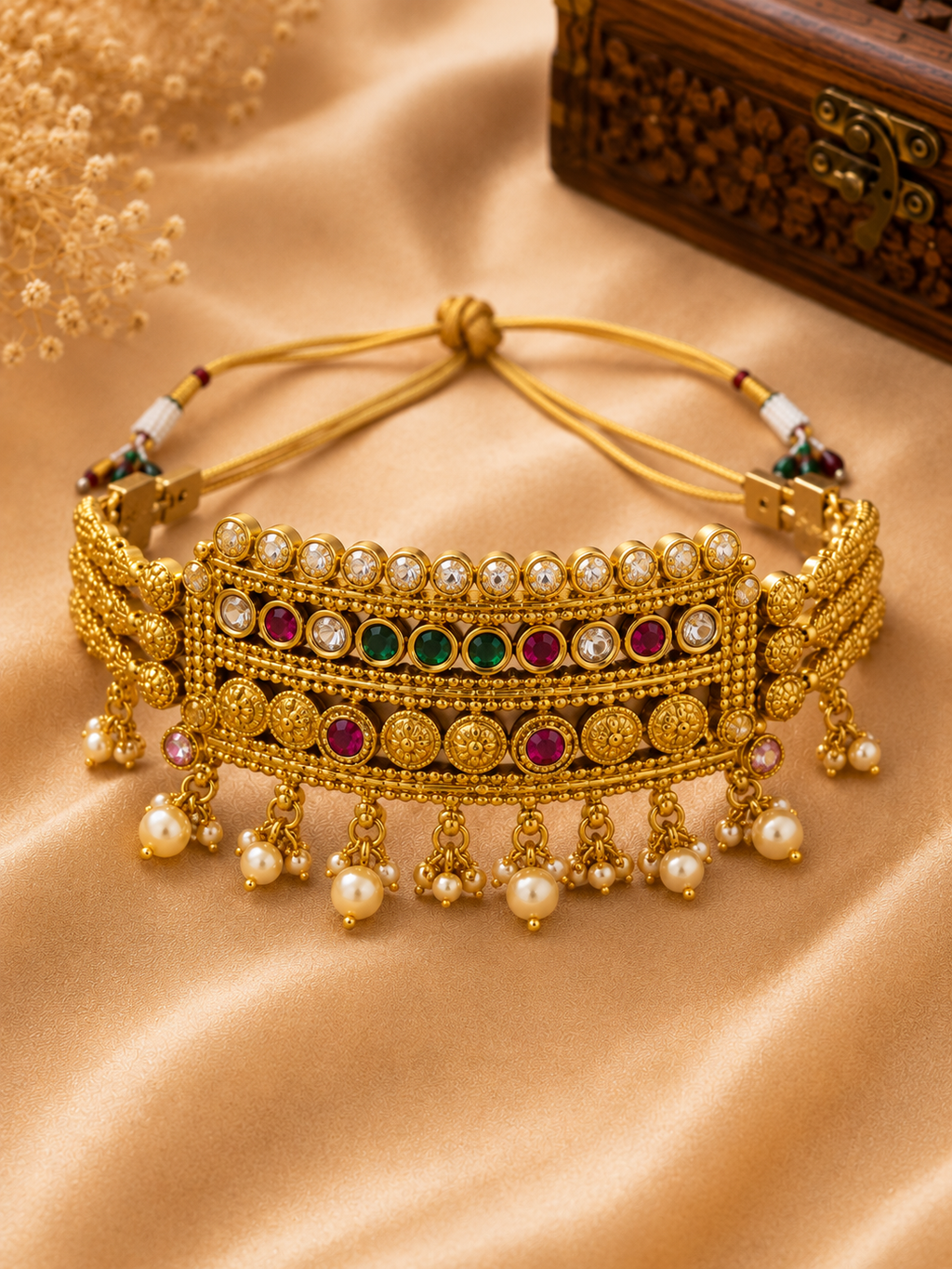 Rajwadi Kundan Pearl Choker Set