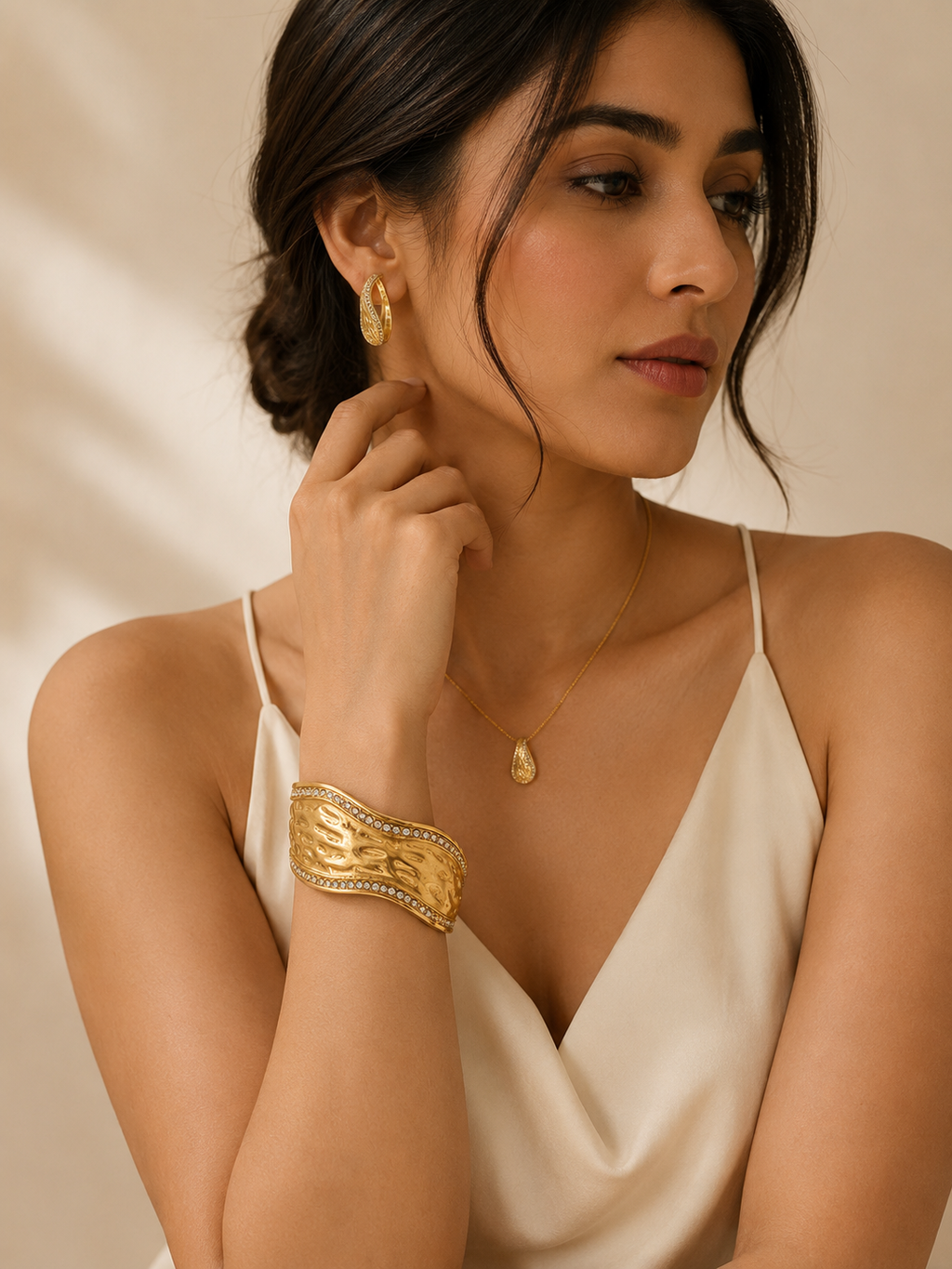 Luxe Wave Crystal Gold Cuff Bracelet