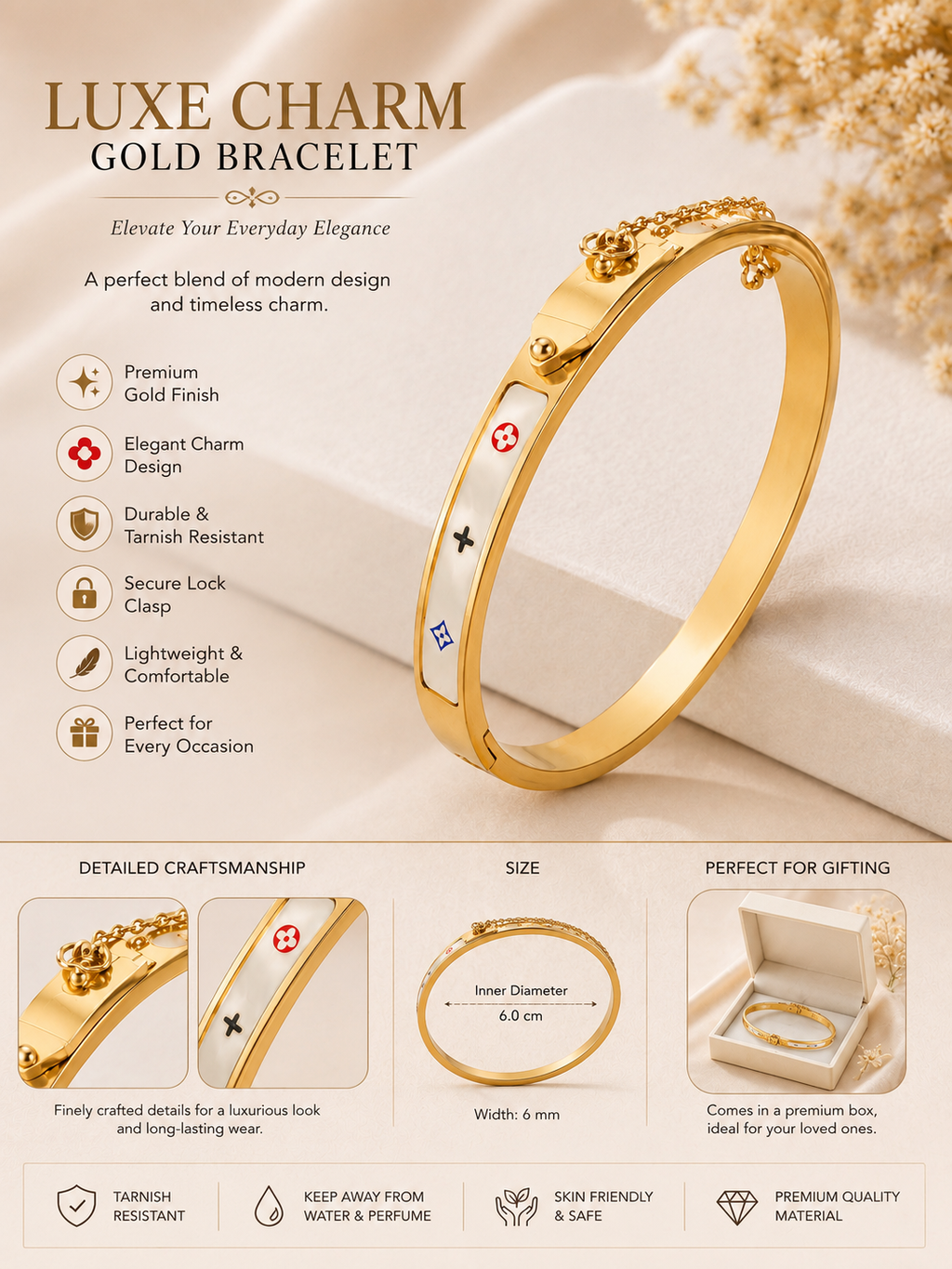 Luxe Charm Gold Bangle Bracele