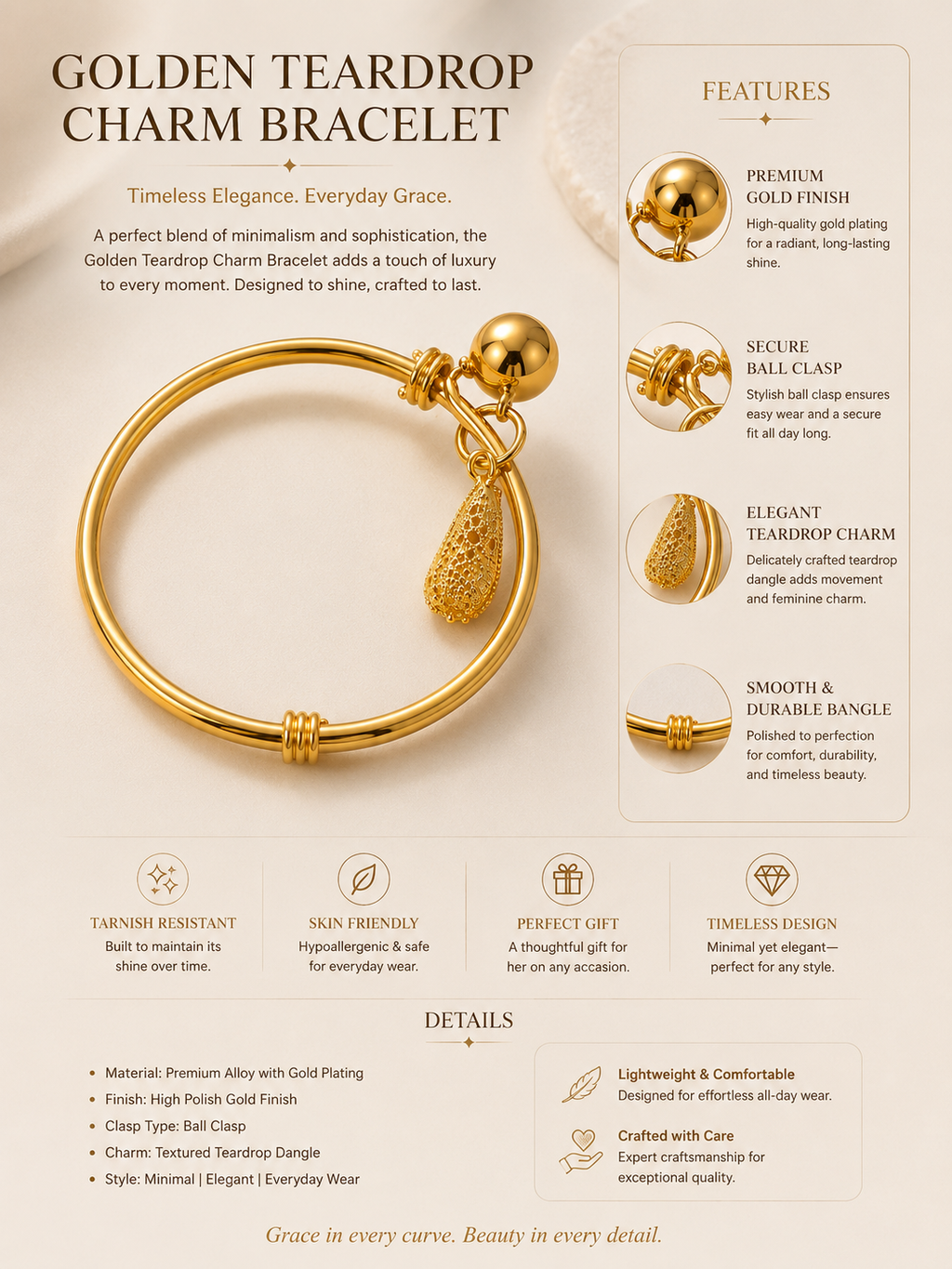 Aurora Teardrop Charm Gold Bracelet