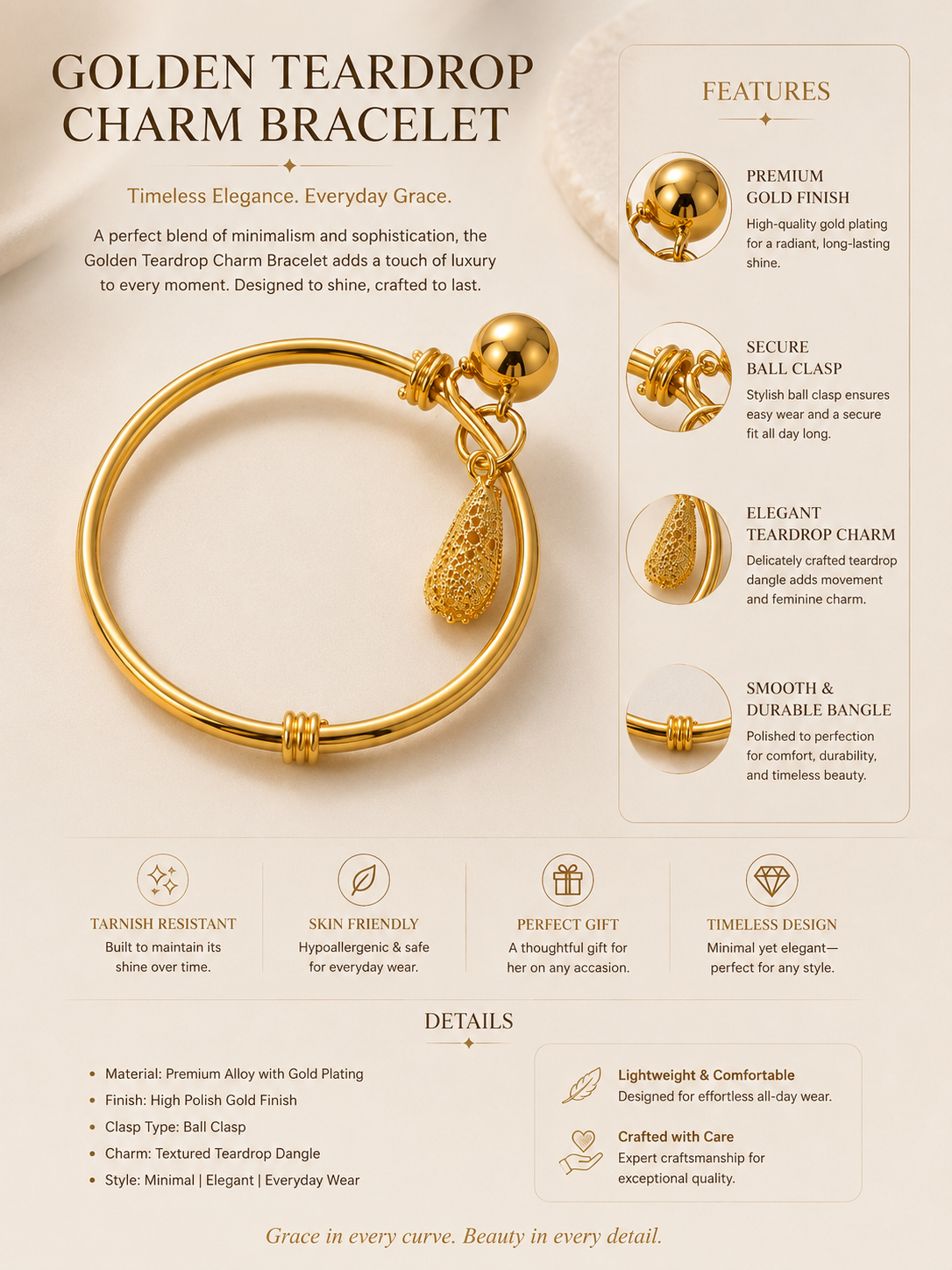 Aurora Teardrop Charm Gold Bracelet