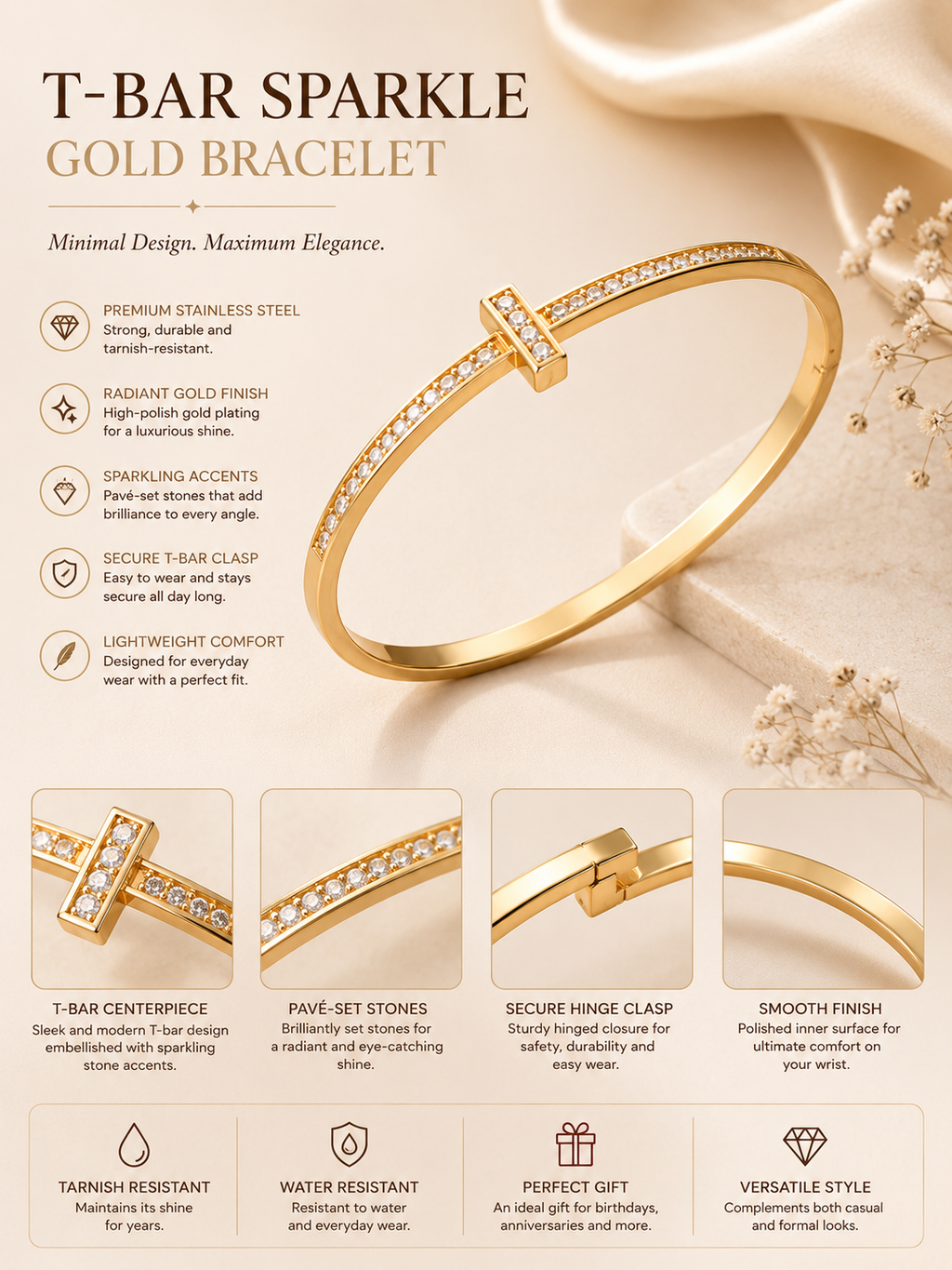 T-Bar Sparkle Gold Bracelet