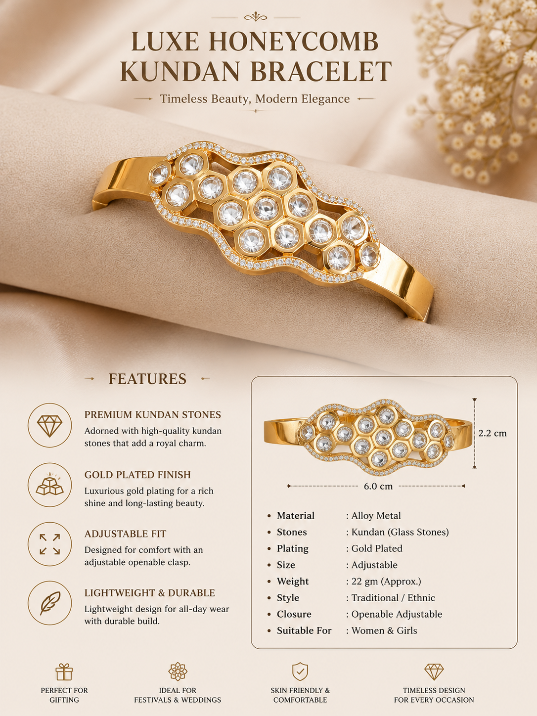 Luxe Honeycomb Kundan Bracelet