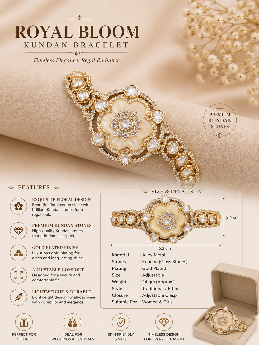 Royal Bloom Kundan Floral Bracelet