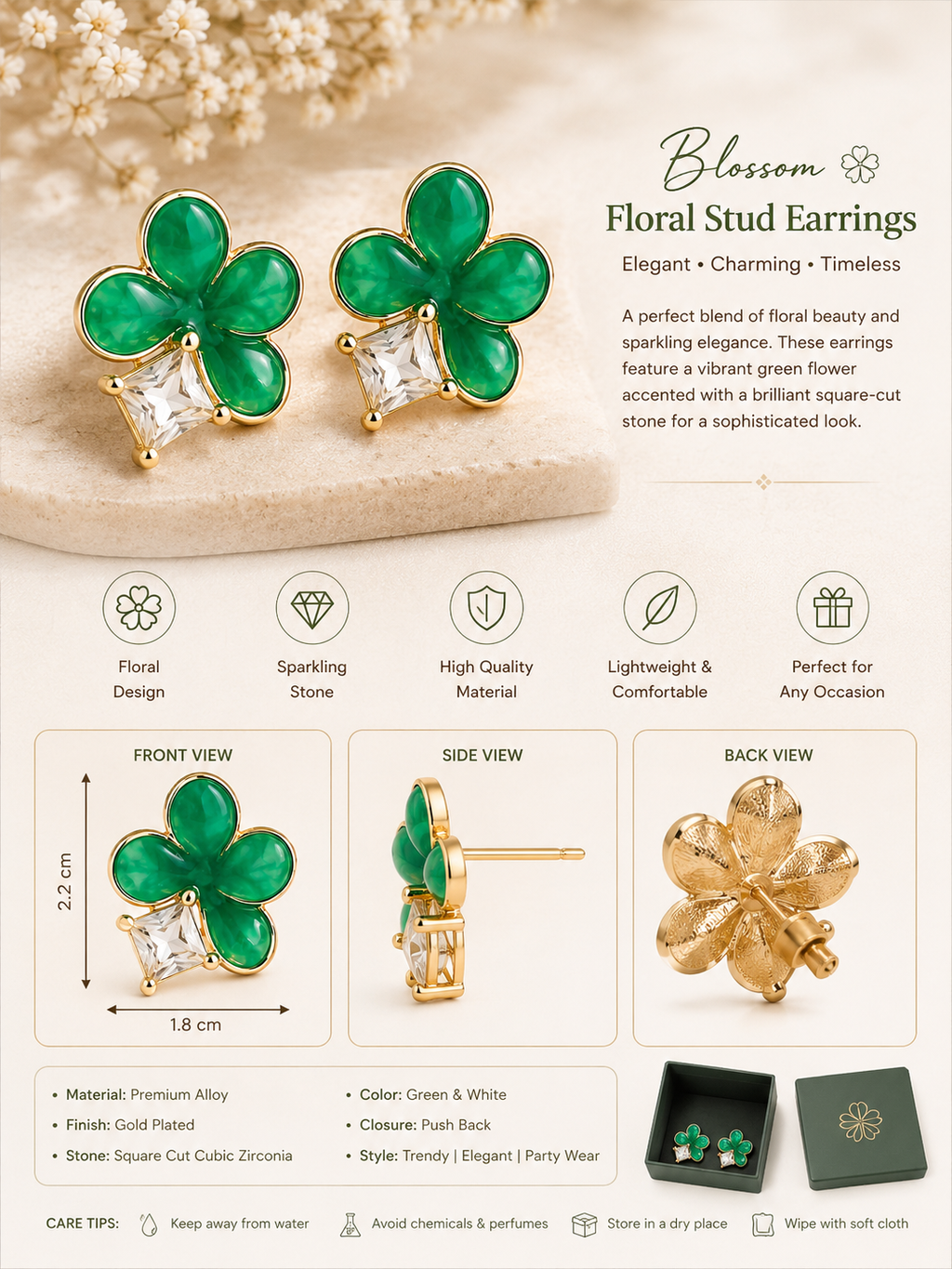 Emerald Bloom Crystal Stud Earrings