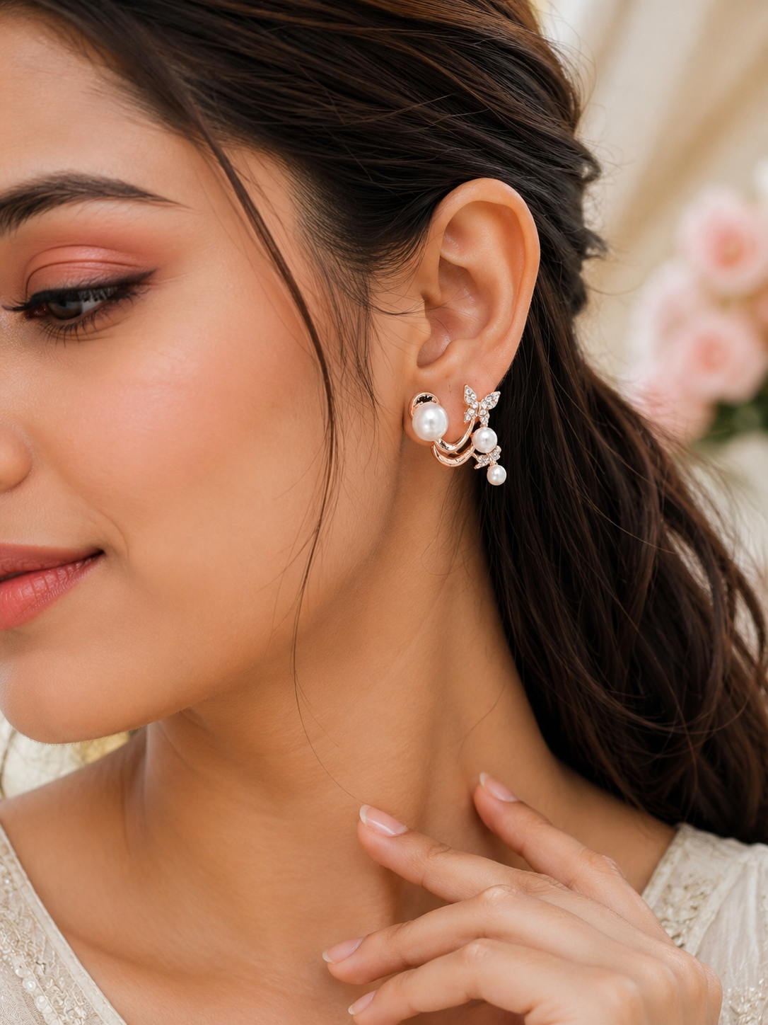 Praynil Pearl Butterfly Ear Cuff Earrings