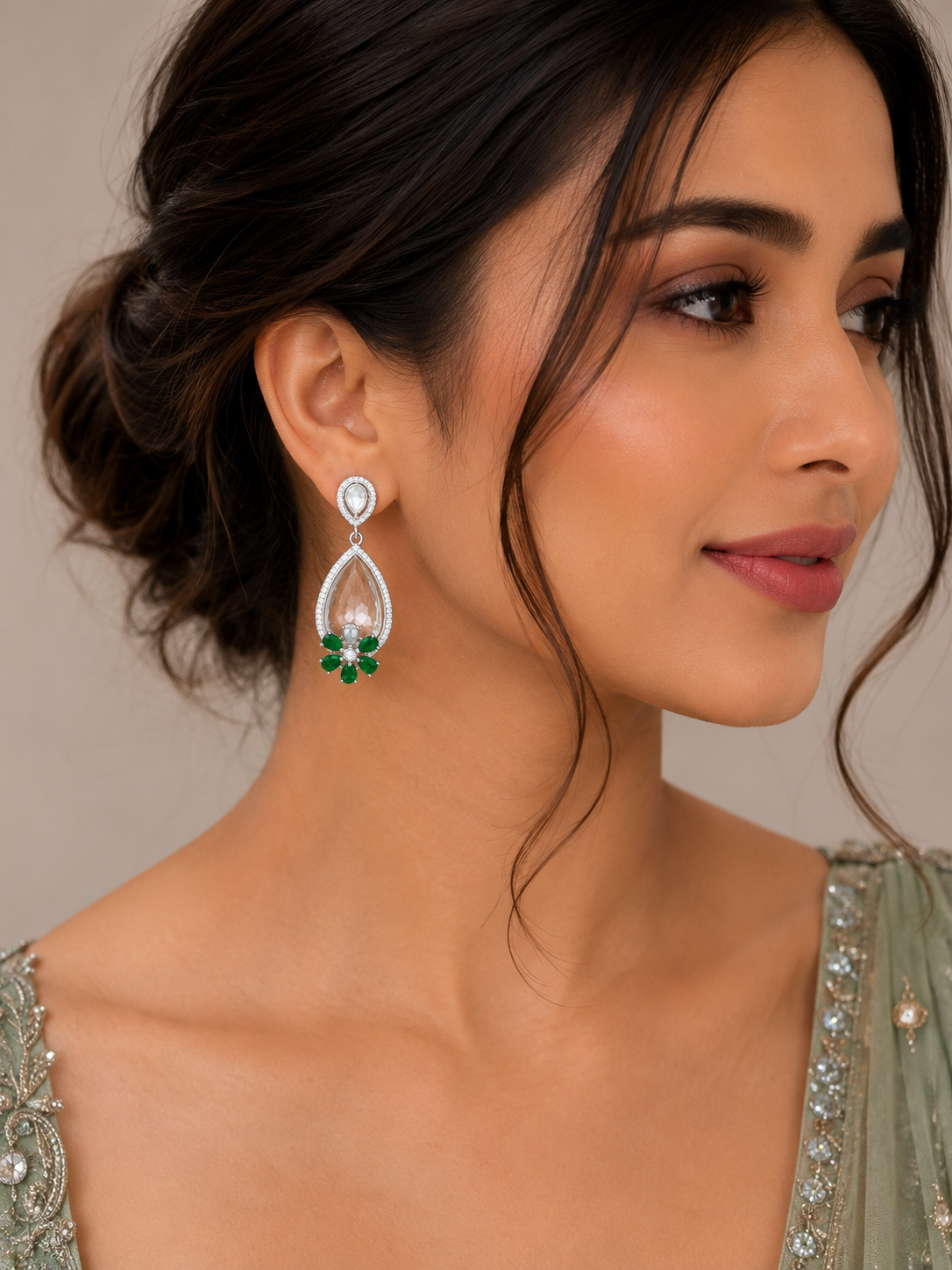 Emerald Bloom Polki Teardrop Drop Earrings