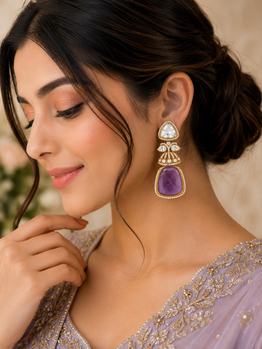 Royal Amethyst Kundan Drop Earrings
