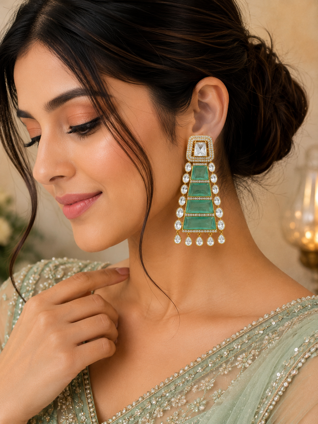 Emerald Cascade Kundan Chandelier Earrings