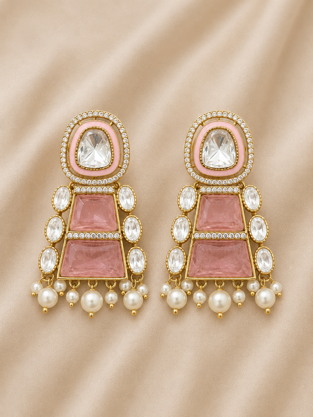 Blush Pink Kundan Pearl Drop Earrings