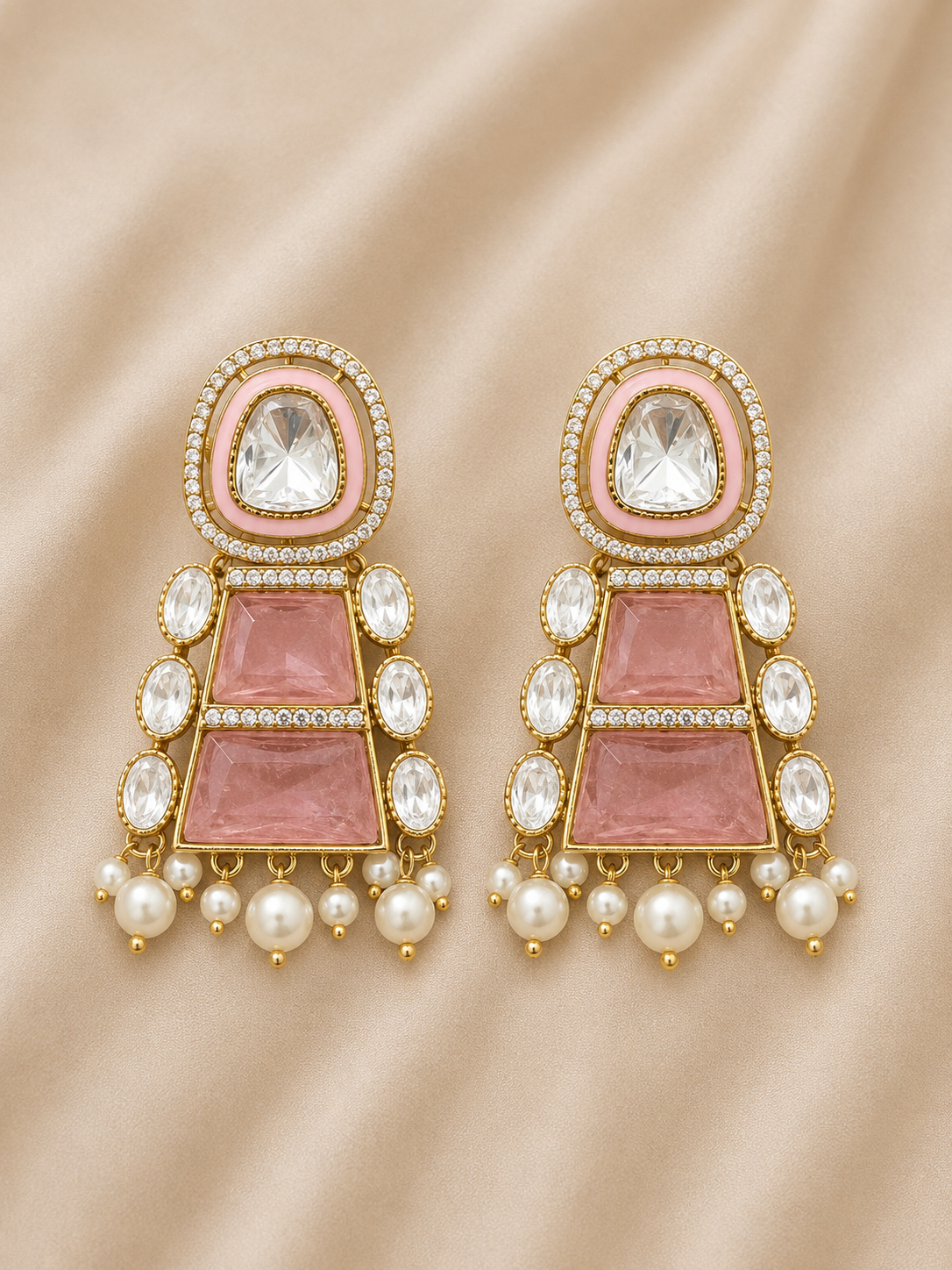 Blush Pink Kundan Pearl Drop Earrings