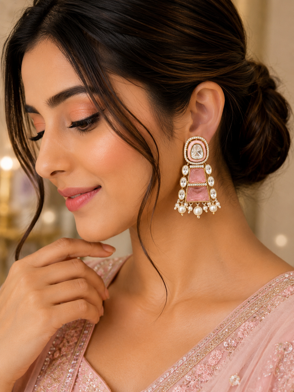 Blush Pink Kundan Pearl Drop Earrings