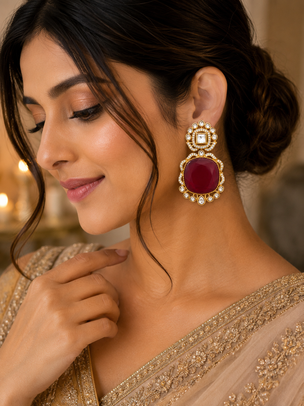 Royal Ruby Kundan Statement Drop Earrings