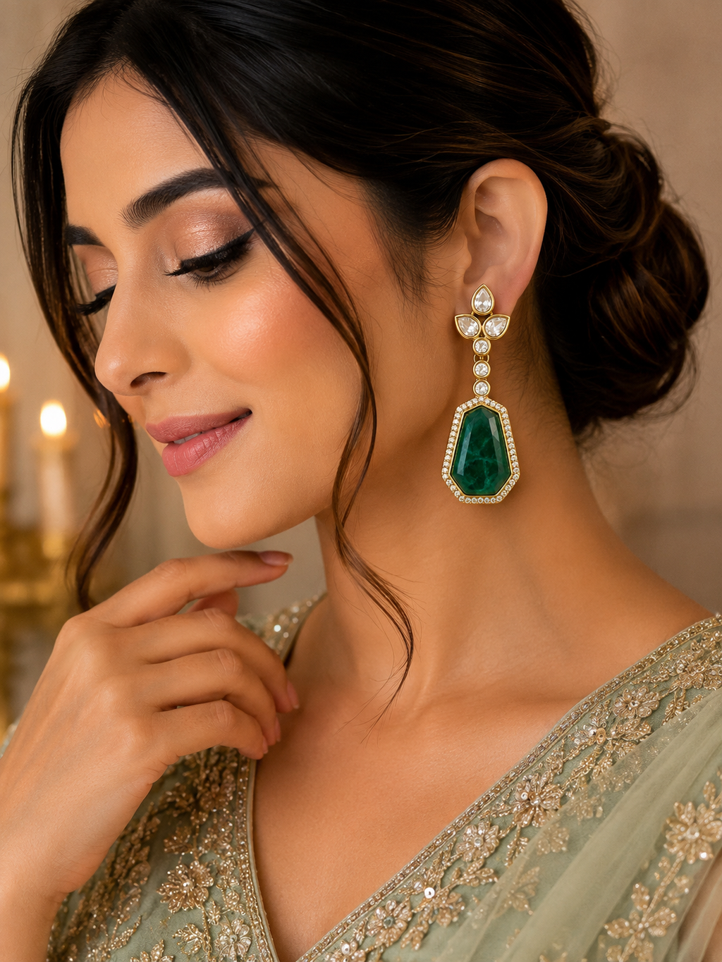 Emerald Bloom Kundan Drop Earrings