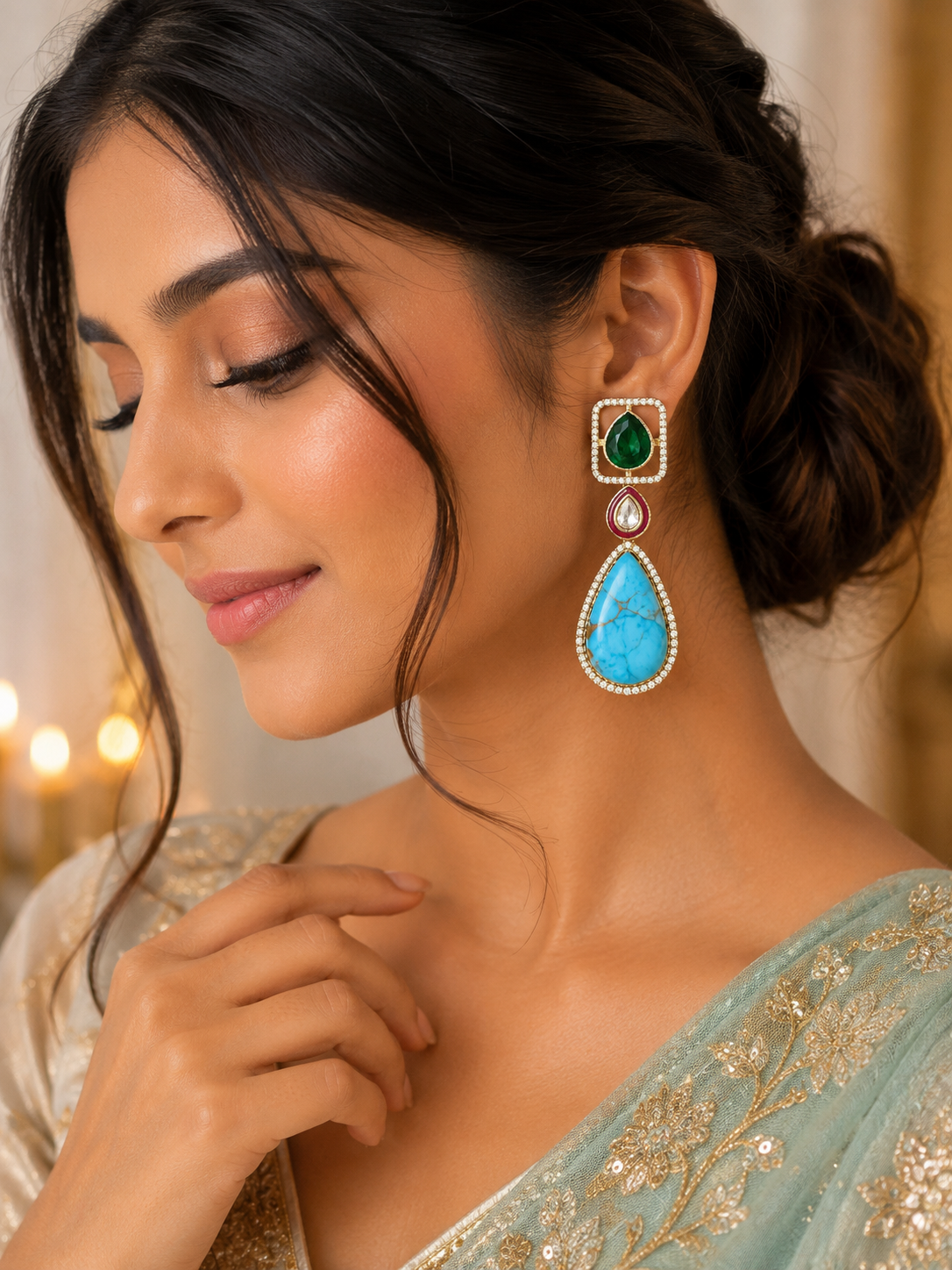 Emerald & Turquoise Royal Kundan Drop Earrings