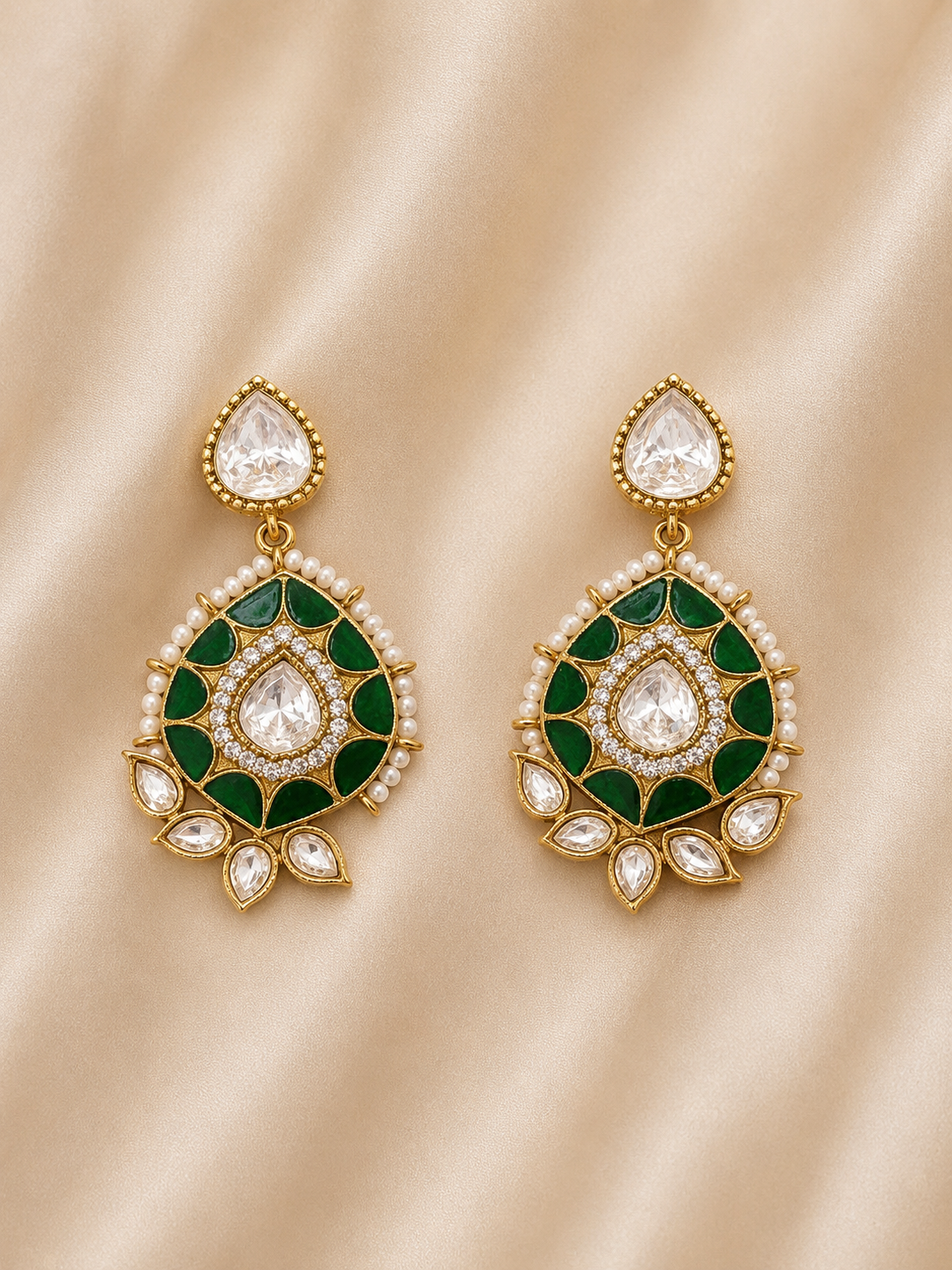 Emerald Lotus Pearl Drop Earrings