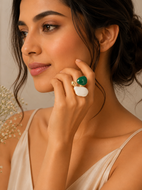 Adjustable Praynil Emerald Ivory Duo Statement Ring
