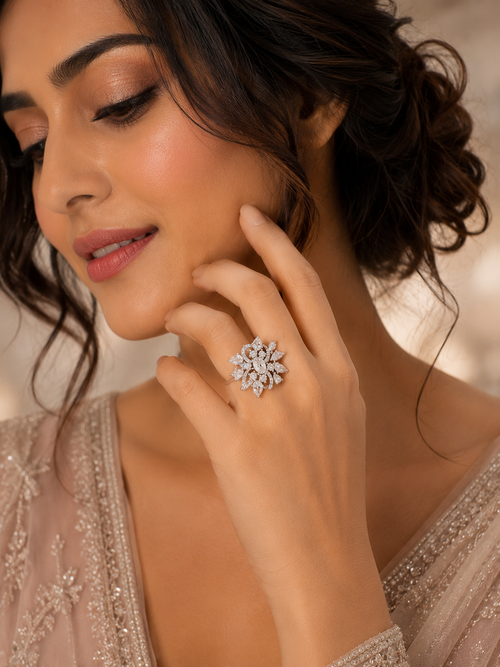 Adjustable Crystal Bloom Floral Statement Ring