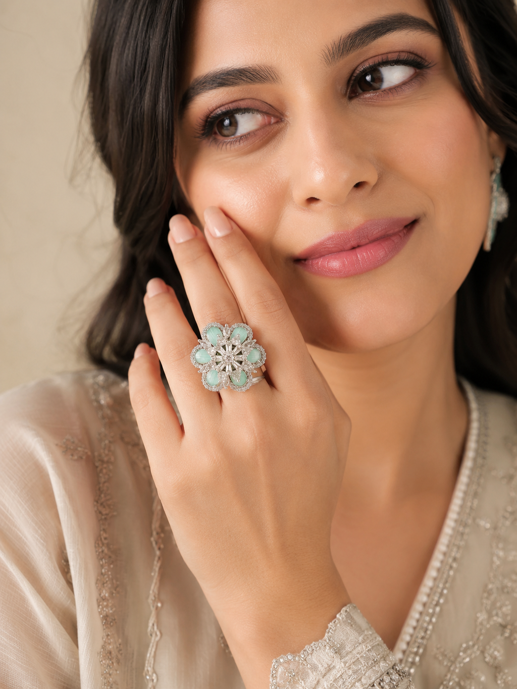 Mint Bloom Crystal Floral Ring