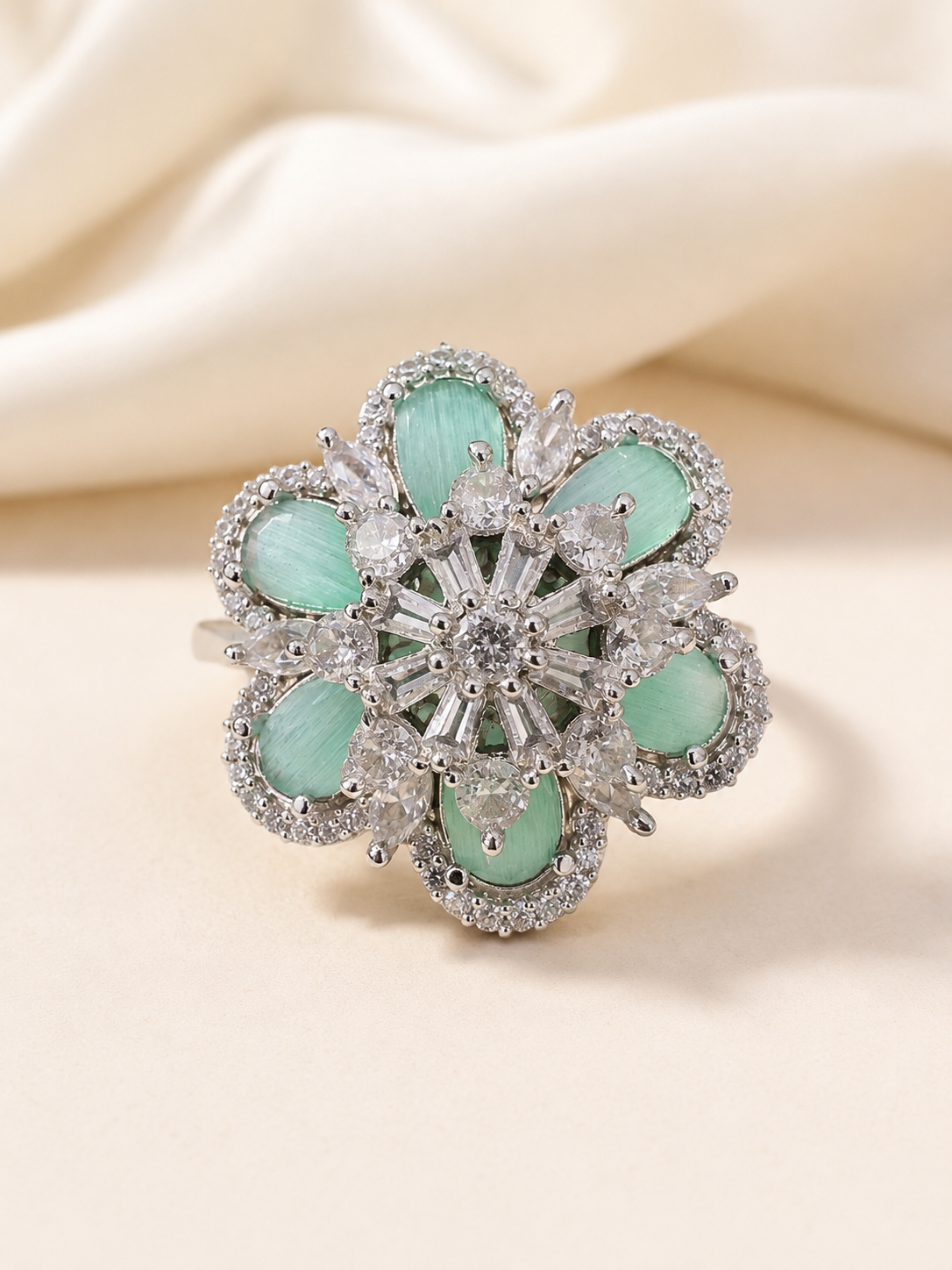Mint Bloom Crystal Floral Ring