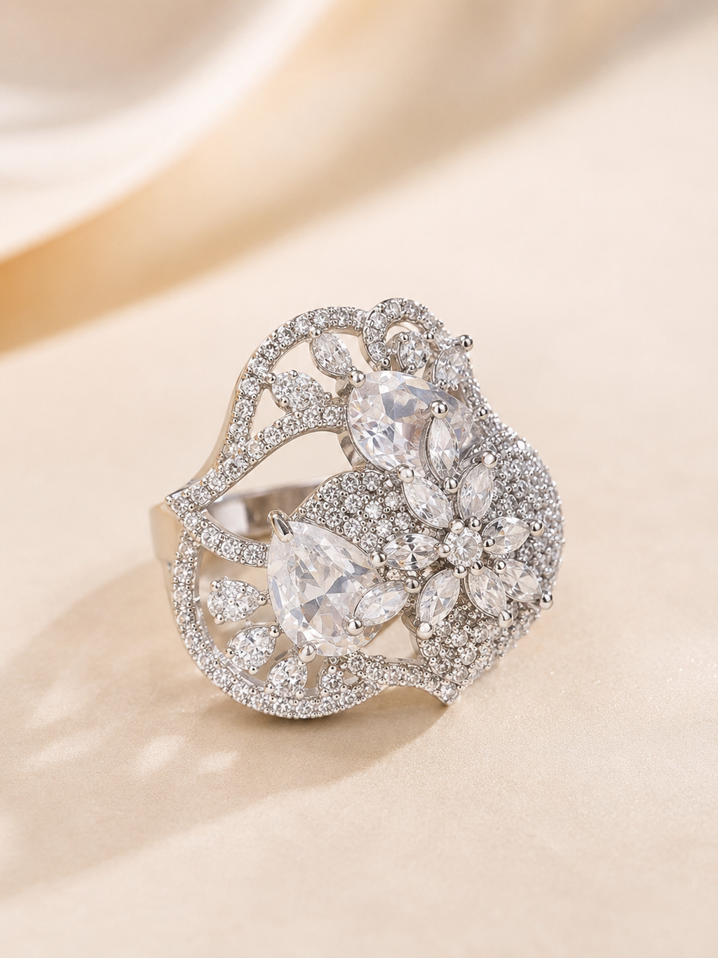 Royal Floral Crystal Statement Ring