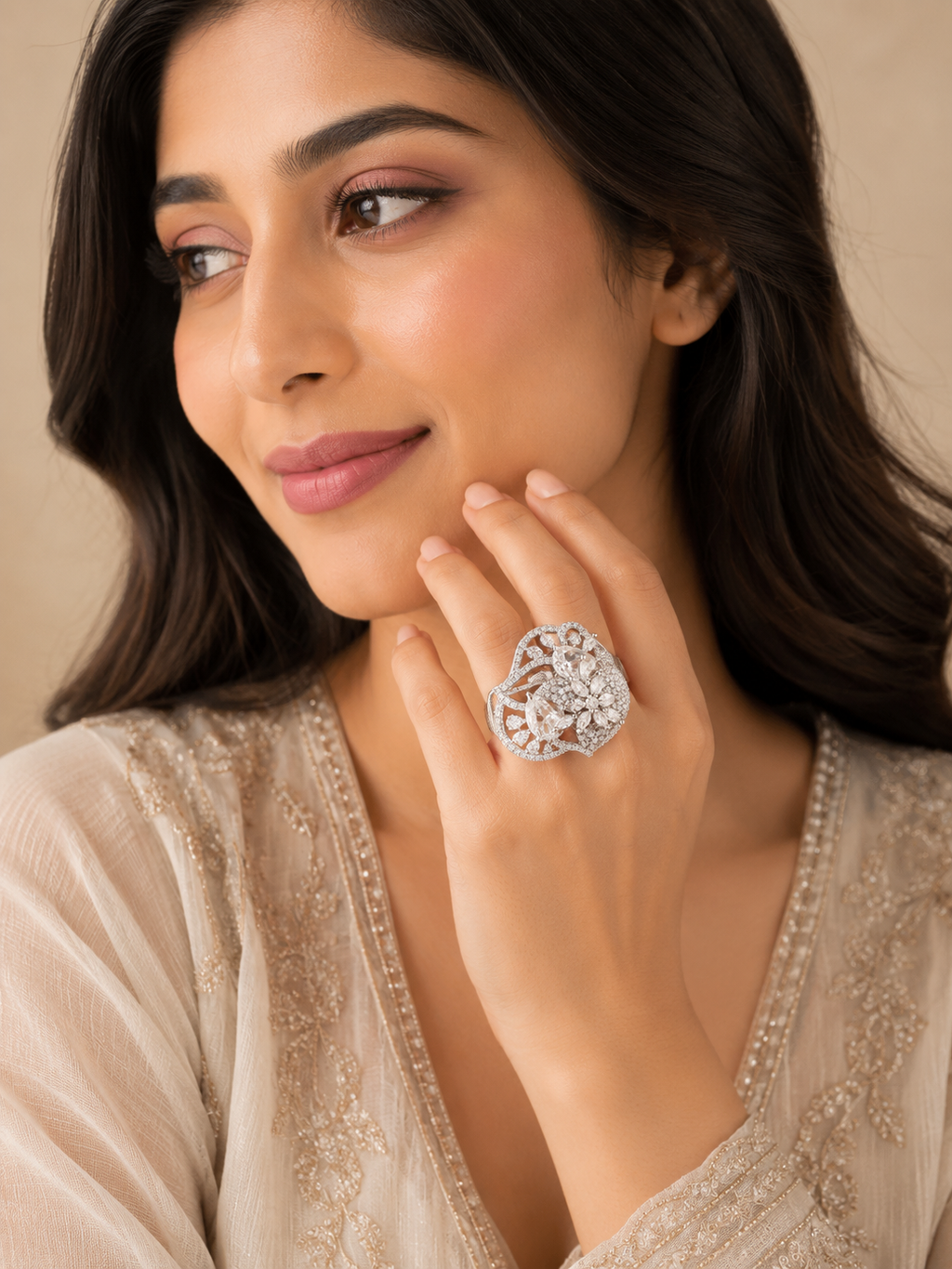 Royal Floral Crystal Statement Ring