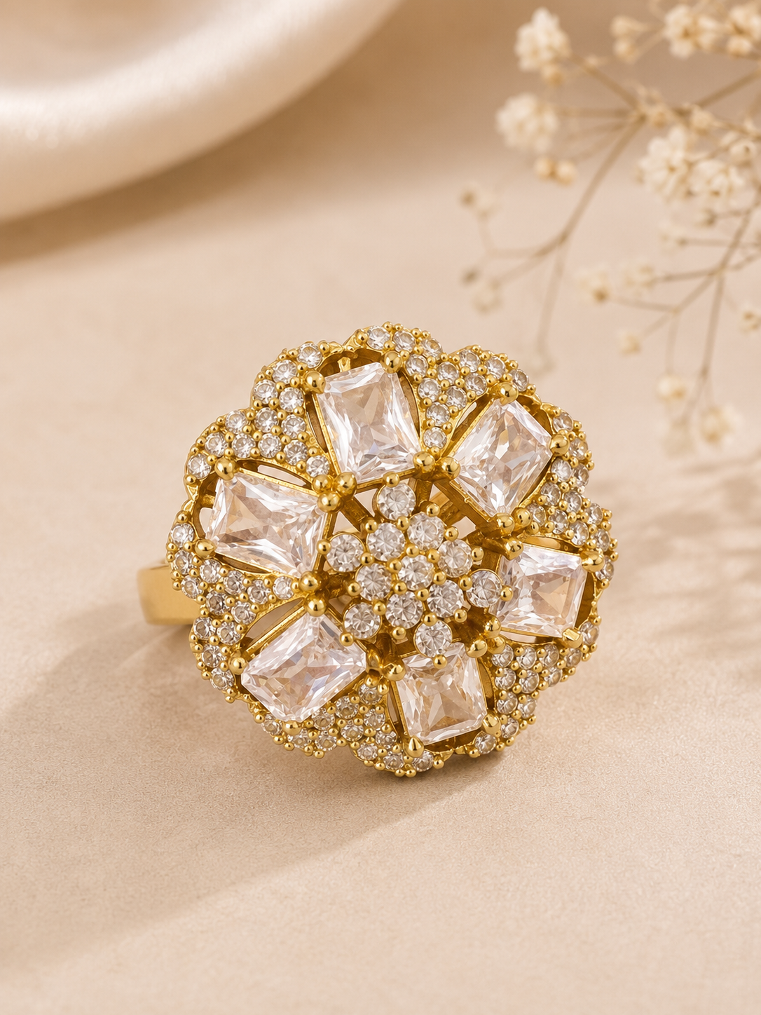 Golden Floral Crystal Bloom Statement Ring