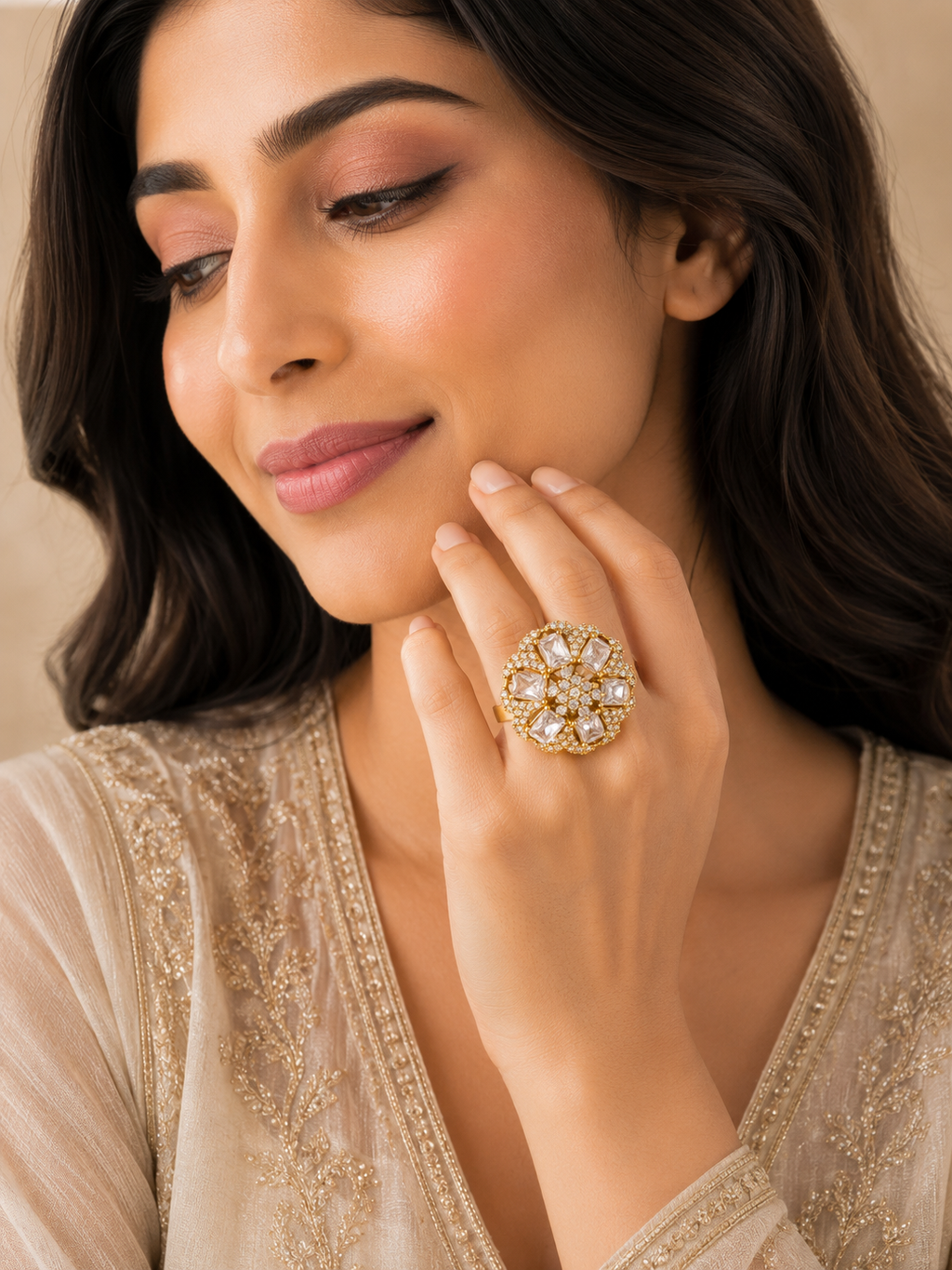 Golden Floral Crystal Bloom Statement Ring