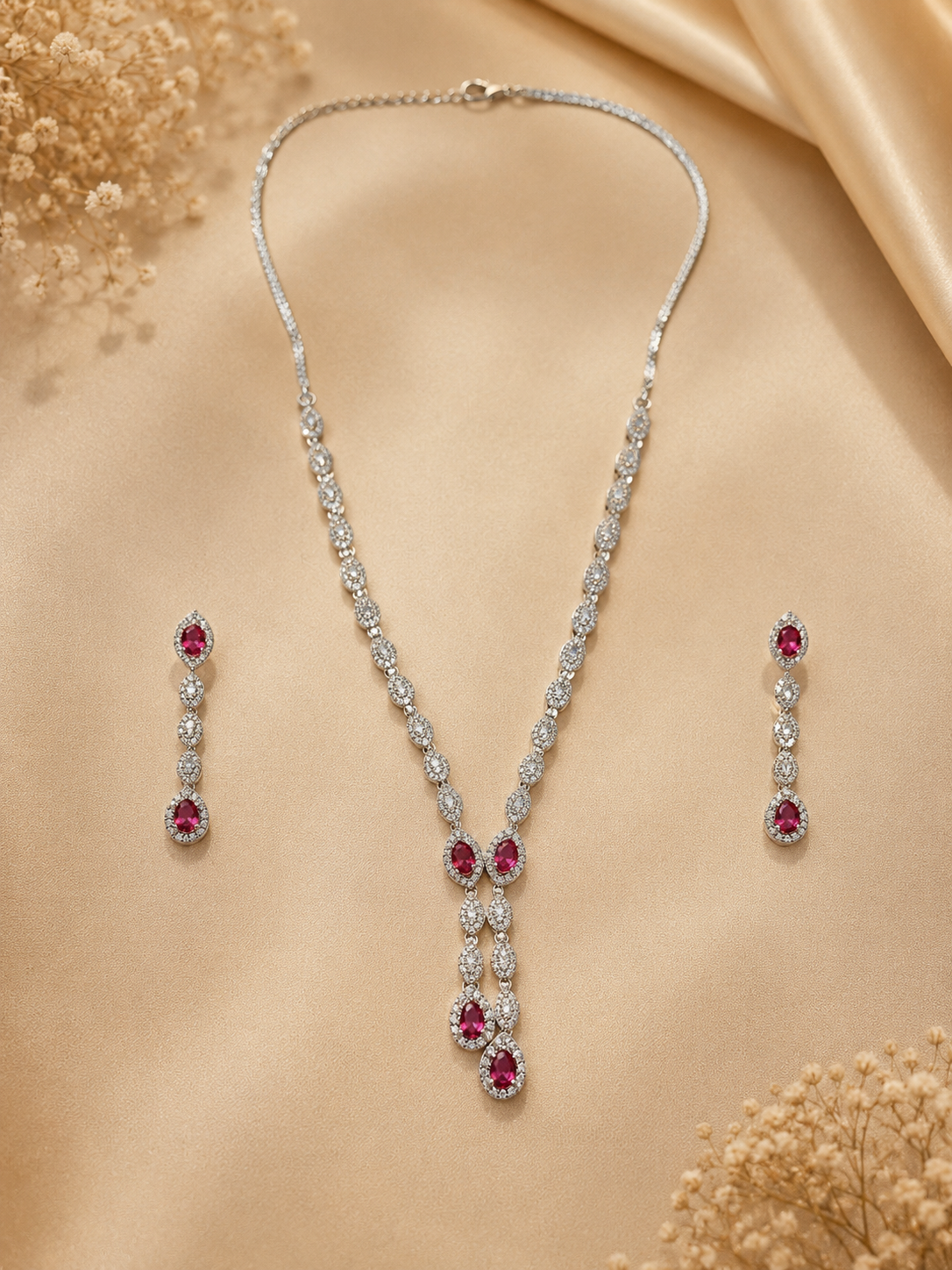 Ruby Teardrop Cascade Necklace Set