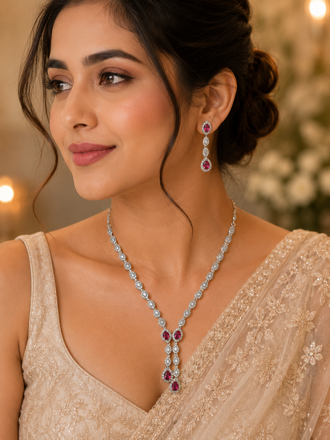 Ruby Teardrop Cascade Necklace Set