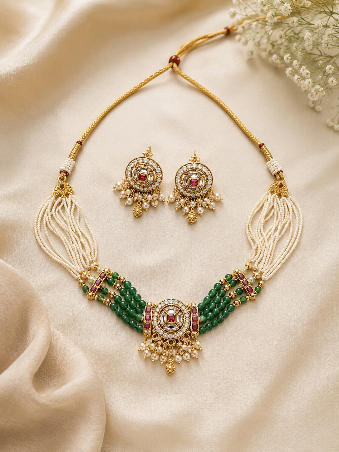 Emerald Pearl Rajwadi Necklace Set