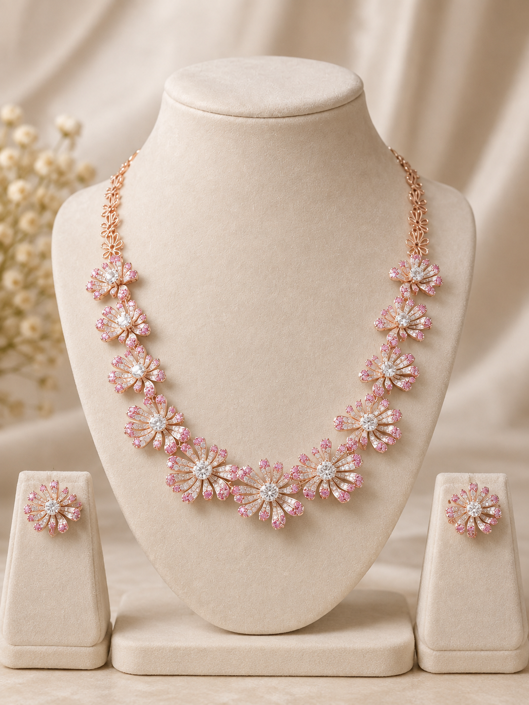Luxury Floral CZ Diamond Necklace Set for Women | Rose Gold Plated
