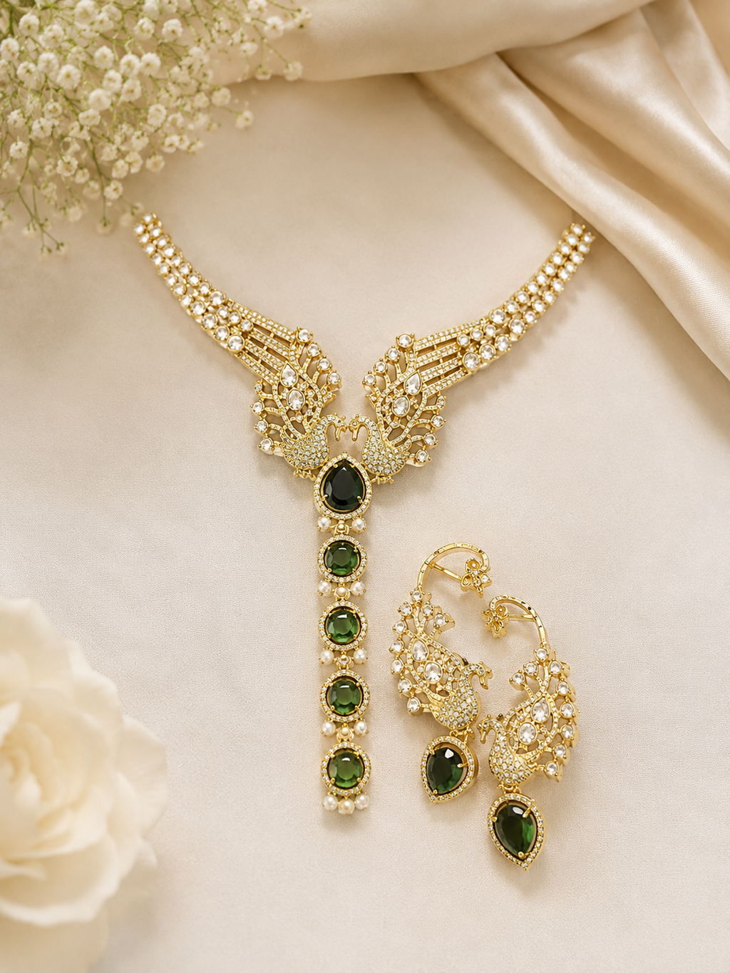 Emerald Peacock AD Bridal Necklace Set