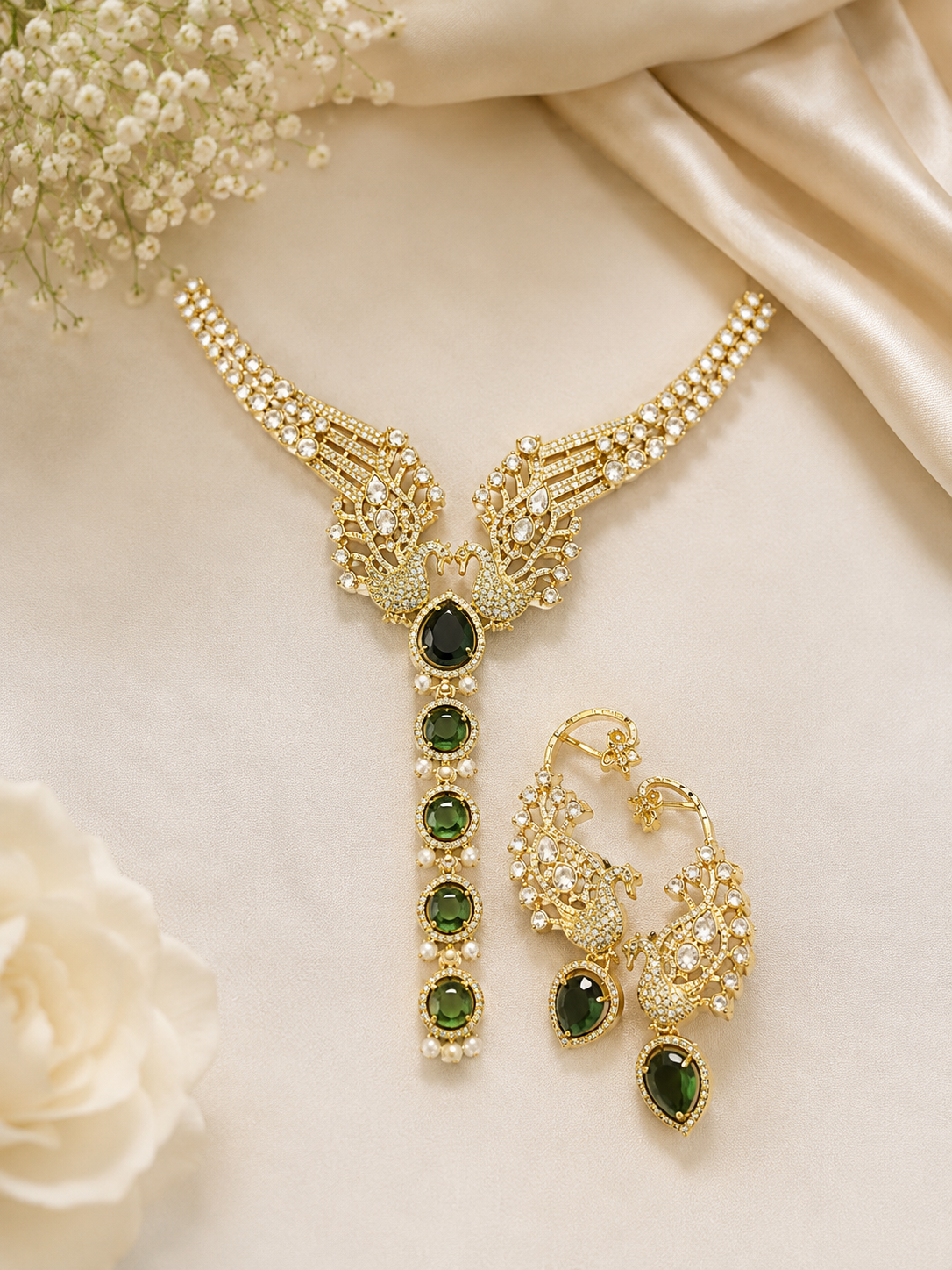 Emerald Peacock AD Bridal Necklace Set