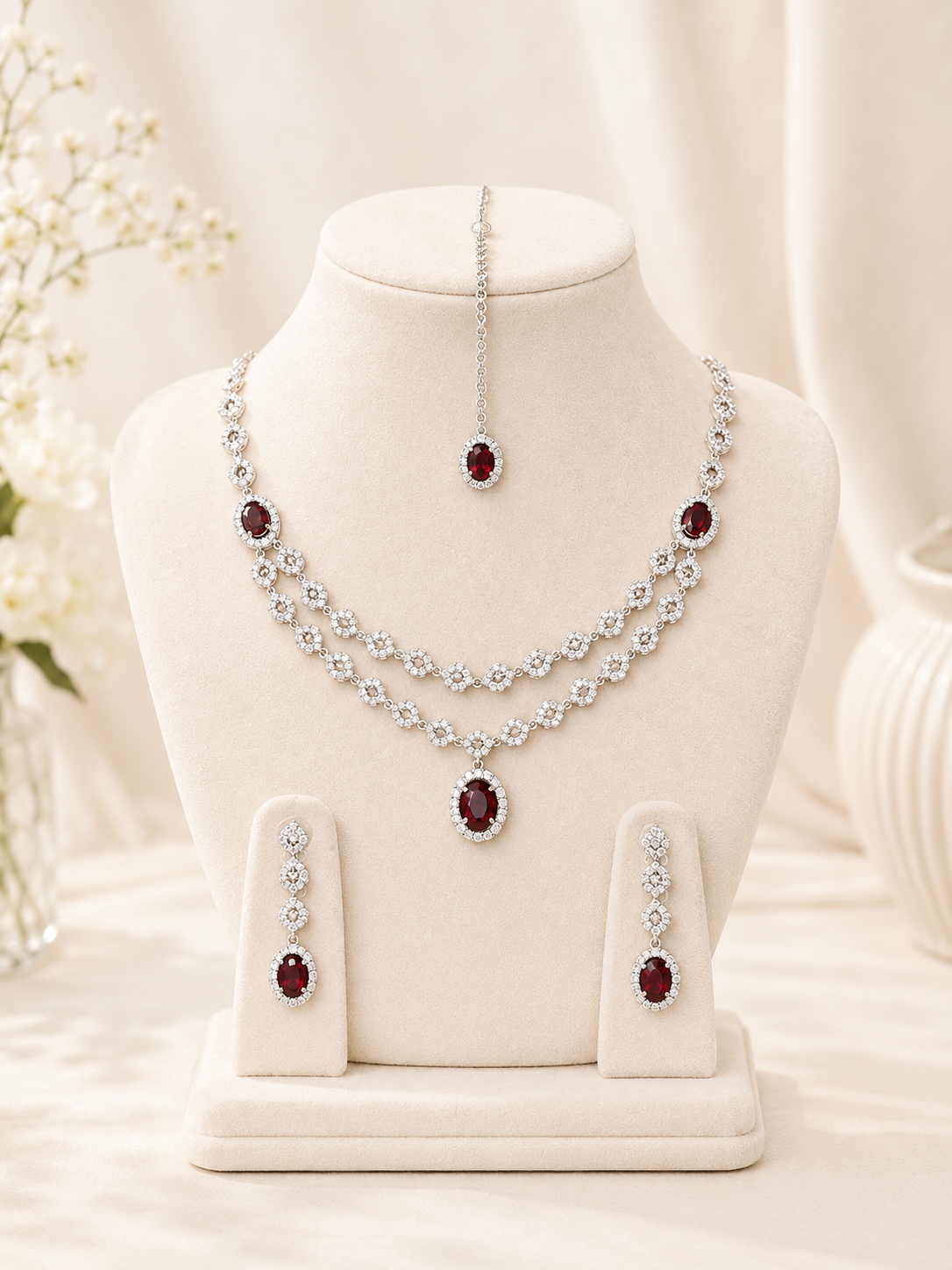 Ruby Radiance Silver Necklace Set