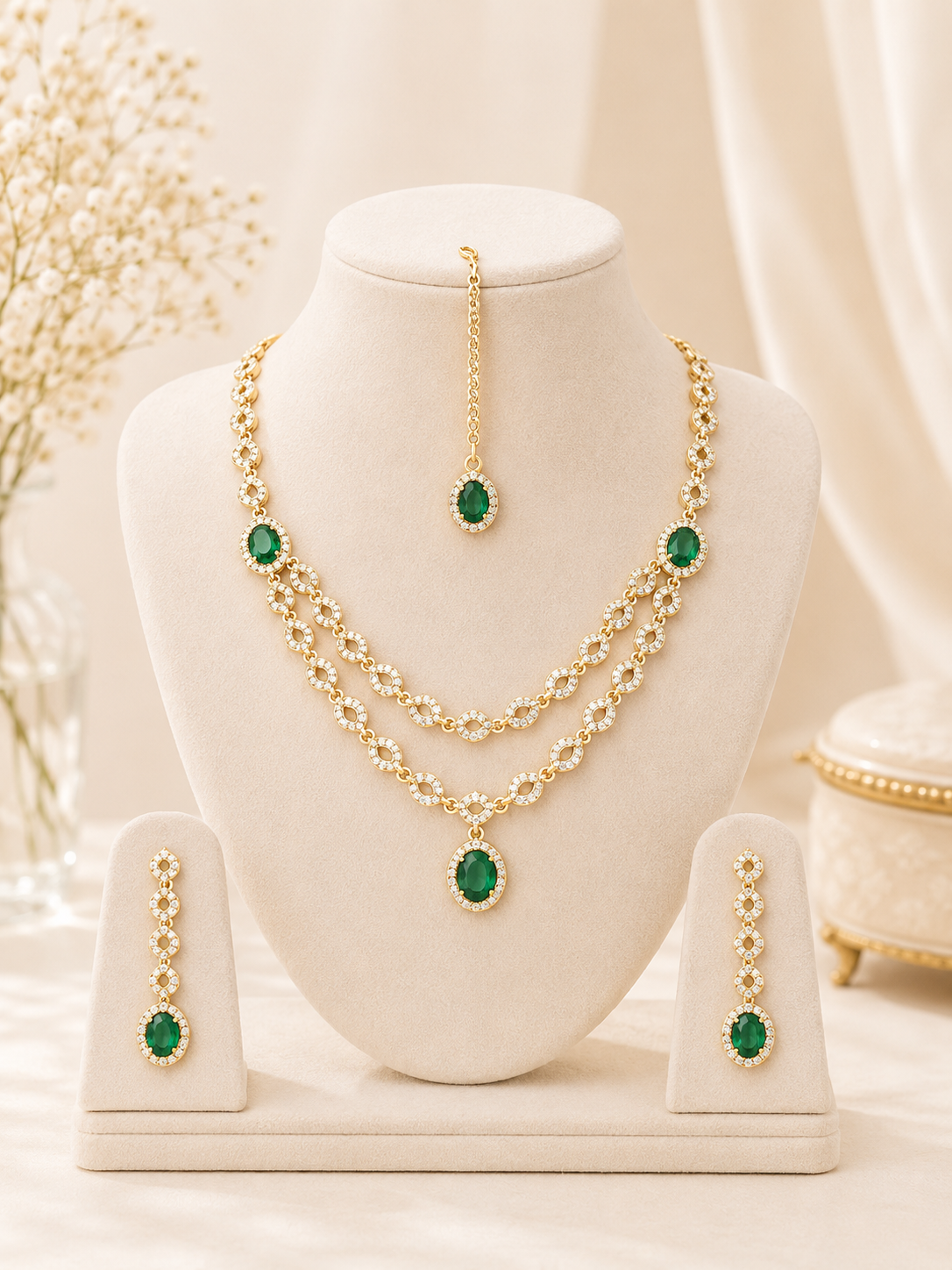 Emerald Grace AD Layered Necklace Set