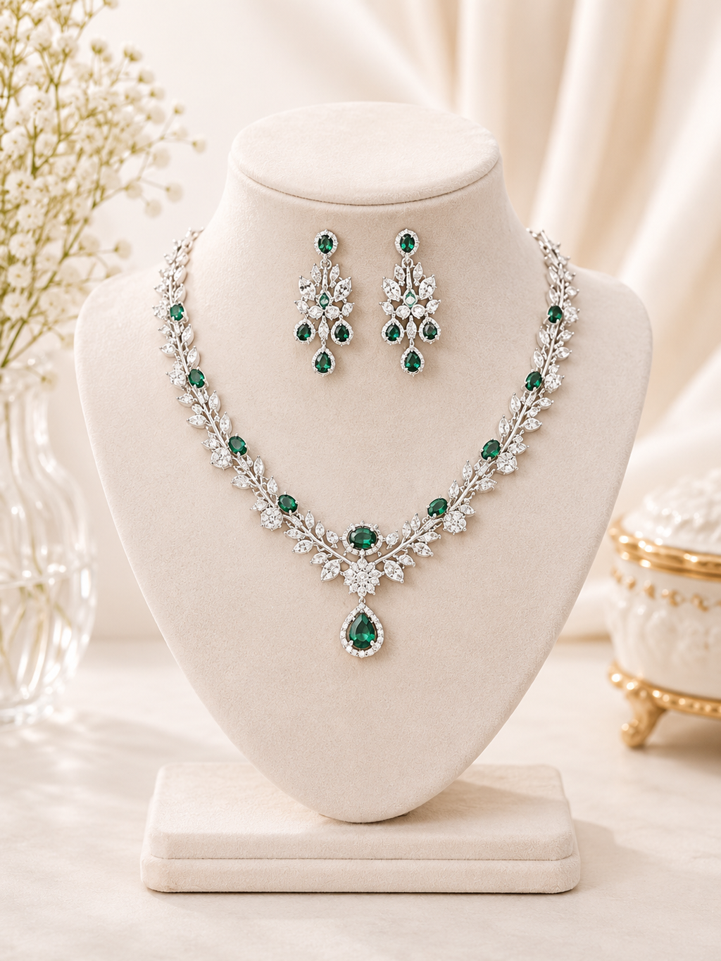 Emerald Bloom Diamond Necklace Set