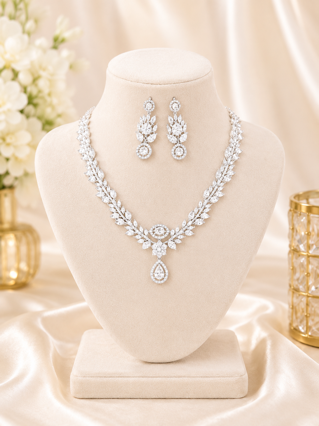 Luxury CZ Diamond Necklace & Earrings Set for Women