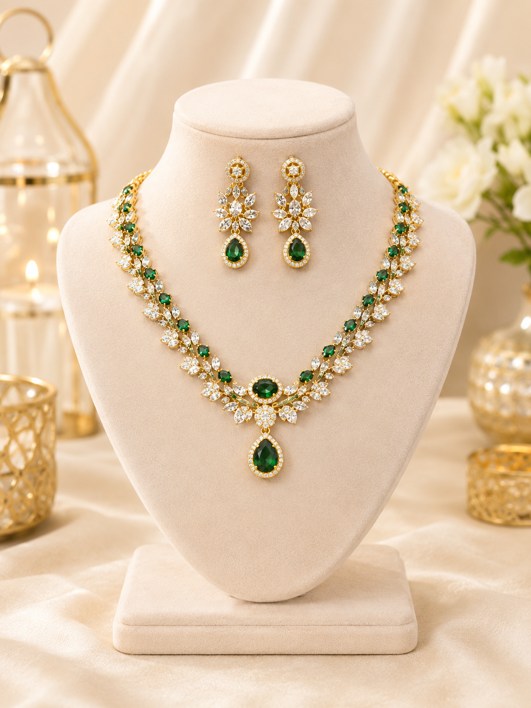 Luxury Emerald Green CZ Necklace Set for Women