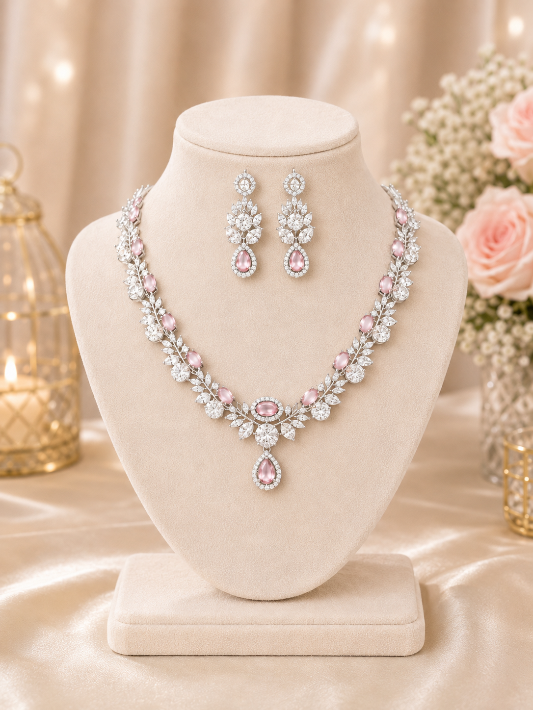 Luxury Pink CZ Diamond Necklace Set for Women