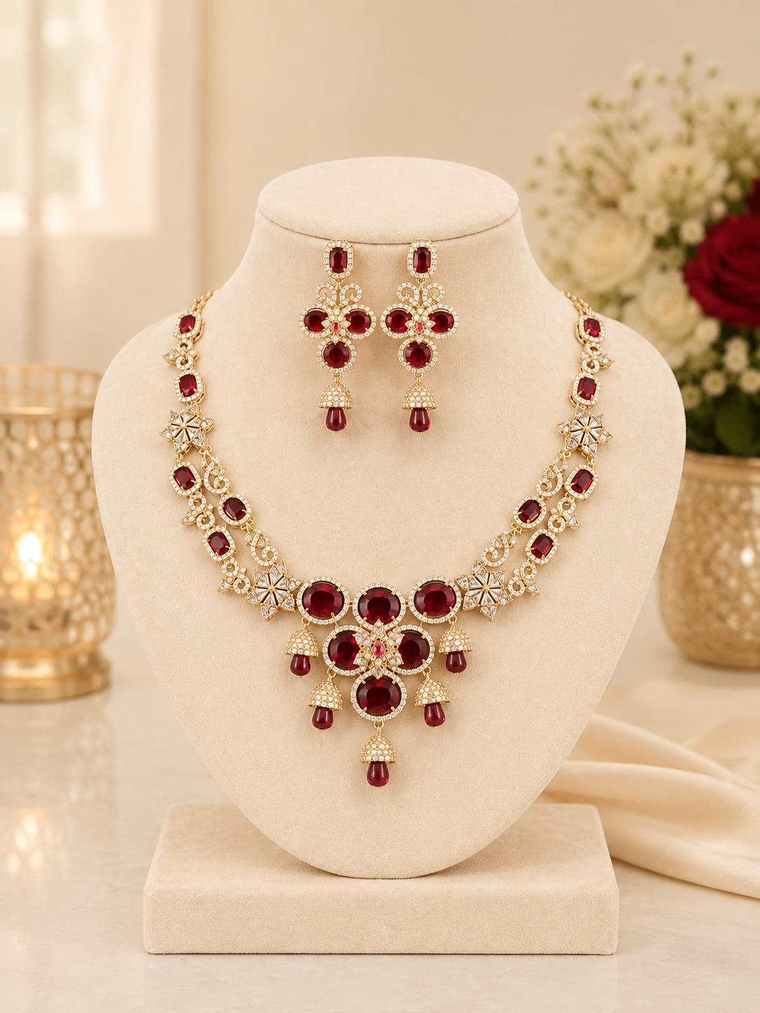 Luxury Ruby Red CZ Bridal Necklace Set for Women