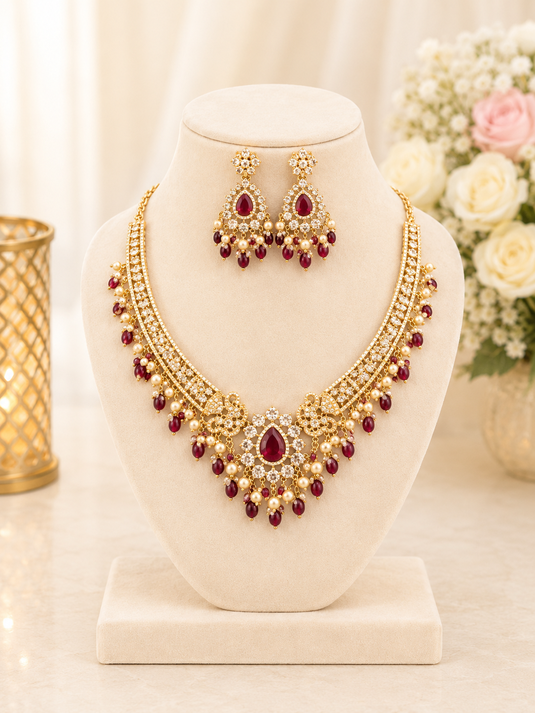 Royal Ruby Pearl CZ Necklace Set for Women