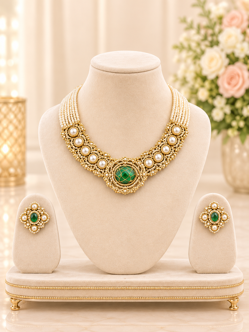 Royal Kundan Pearl Choker Necklace Set with Green Stone